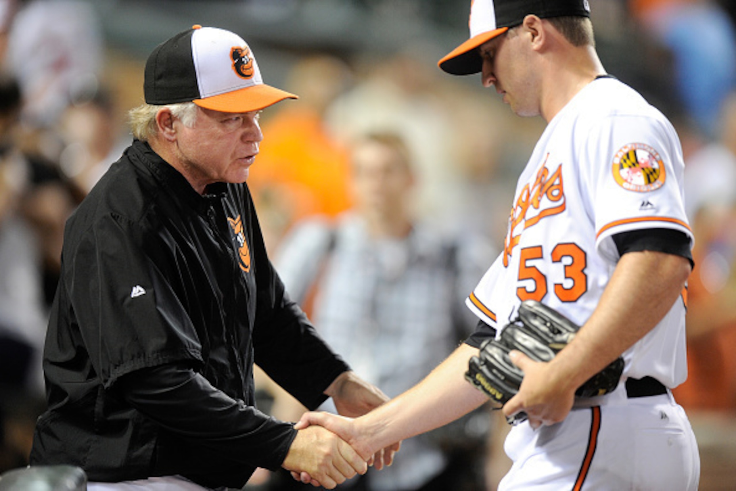 BALTIMORE, MD - JUNE 06:  Manager Buck Showalter #26 of the Baltimore Orioles celebrates with Zach Britton #53 after a 4-1 victory against the Kansas City Royals at Oriole Park at Camden Yards on June 6, 2016 in Baltimore, Maryland.  (Photo by G Fiume/Get