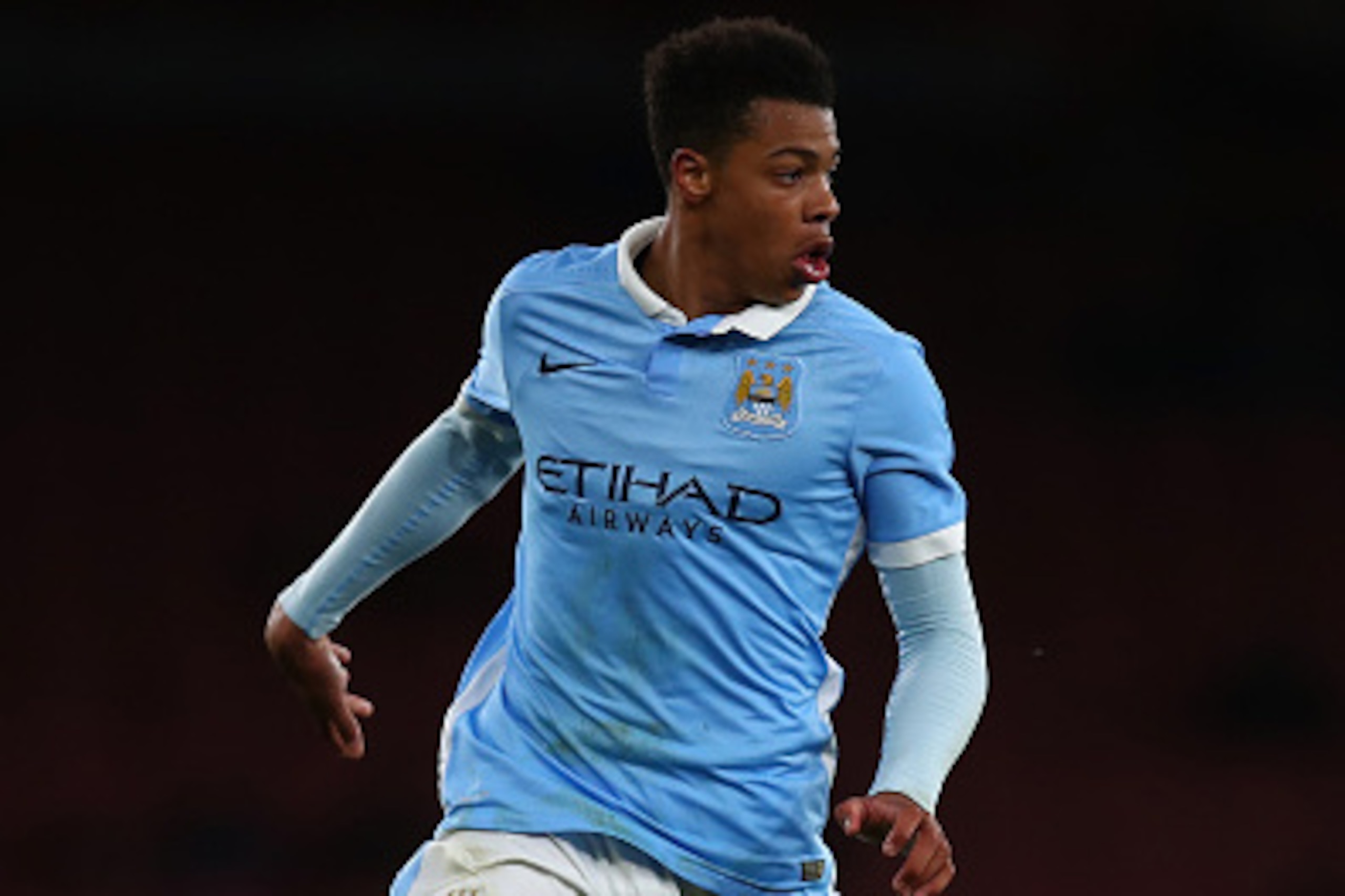 LONDON, ENGLAND - APRIL 04:  Lukas Nmecha of Man City in action during the FA Youth Cup semi-final second leg match between Arsenal and Manchester City at Emirates Stadium on April 4, 2016 in London, England.  (Photo by Julian Finney/Getty Images)