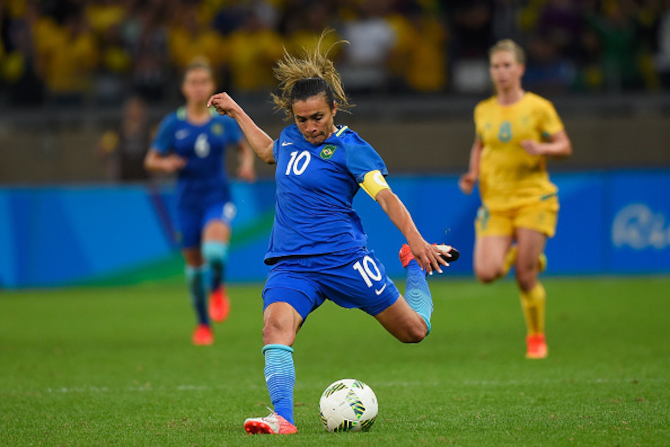 BELO HORIZONTE, BRAZIL - AUGUST 12: Marta #10 of Brazil kicks the ball against Australia during the second half of the Women's Football Quarterfinal match at Mineirao Stadium on Day 7 of the Rio 2016 Olympic Games on August 12, 2016 in Belo Horizonte, Bra