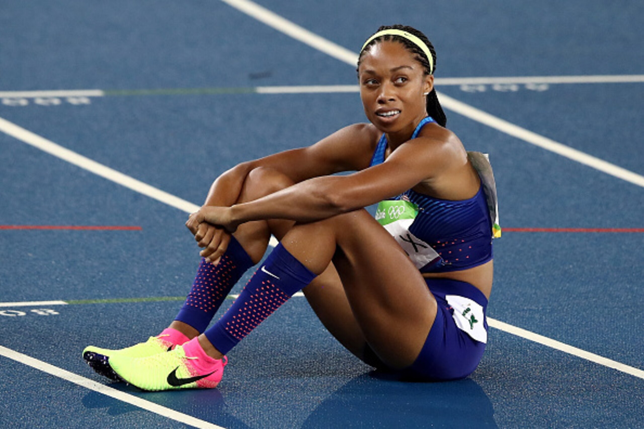 RIO DE JANEIRO, BRAZIL - AUGUST 15:  Allyson Felix of the United States reacts after winning the silver medal in the Women's 400m Final on Day 10 of the Rio 2016 Olympic Games at the Olympic Stadium on August 15, 2016 in Rio de Janeiro, Brazil.  (Photo by