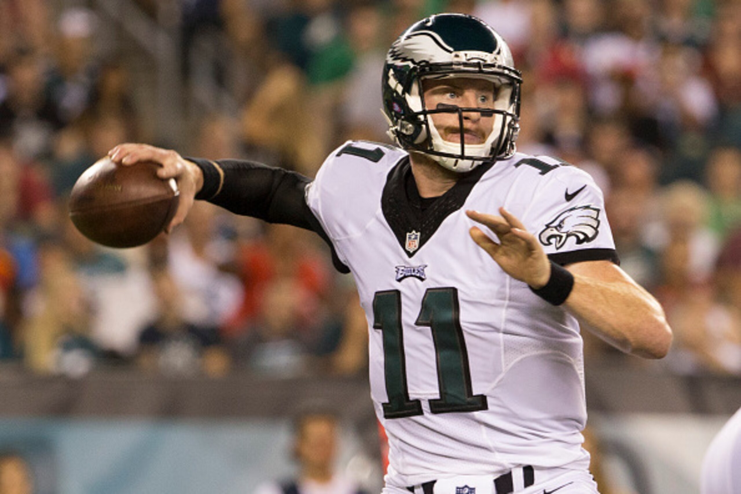 PHILADELPHIA, PA - AUGUST 11: Carson Wentz #11 of the Philadelphia Eagles plays against the Tampa Bay Buccaneers at Lincoln Financial Field on August 11, 2016 in Philadelphia, Pennsylvania. The Eagles defeated the Buccaneers 17-9. (Photo by Mitchell Leff/