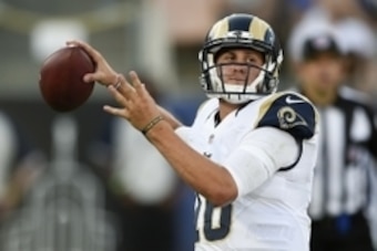 Aug 13, 2016; Los Angeles, CA, USA; Los Angeles Rams quarterback Jared Goff (16) passes the ball against the Dallas Cowboys during the second quarter at Los Angeles Memorial Coliseum. Mandatory Credit: Kelvin Kuo-USA TODAY Sports