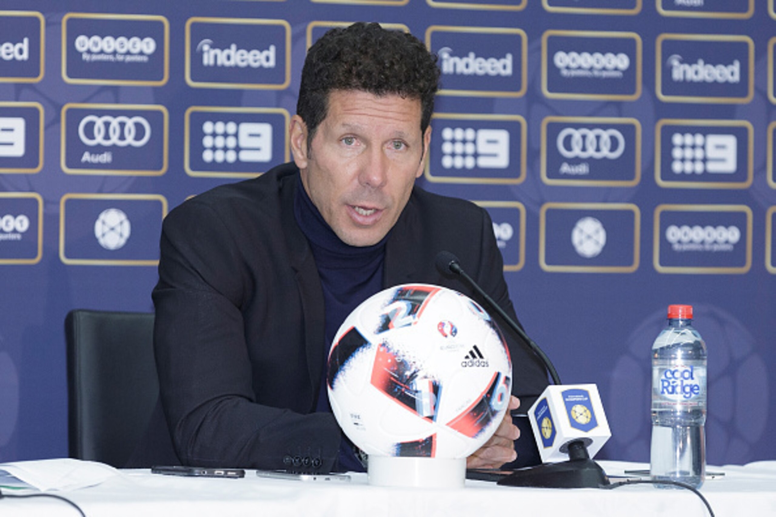 MELBOURNE, AUSTRALIA - JULY 29:  Atletico de Madrid manager Diego Simeone speaks during the press conference after the 2016 International Champions Cup Australia match between Tottenham Hotspur and Atletico de Madrid at Melbourne Cricket Ground on July 29