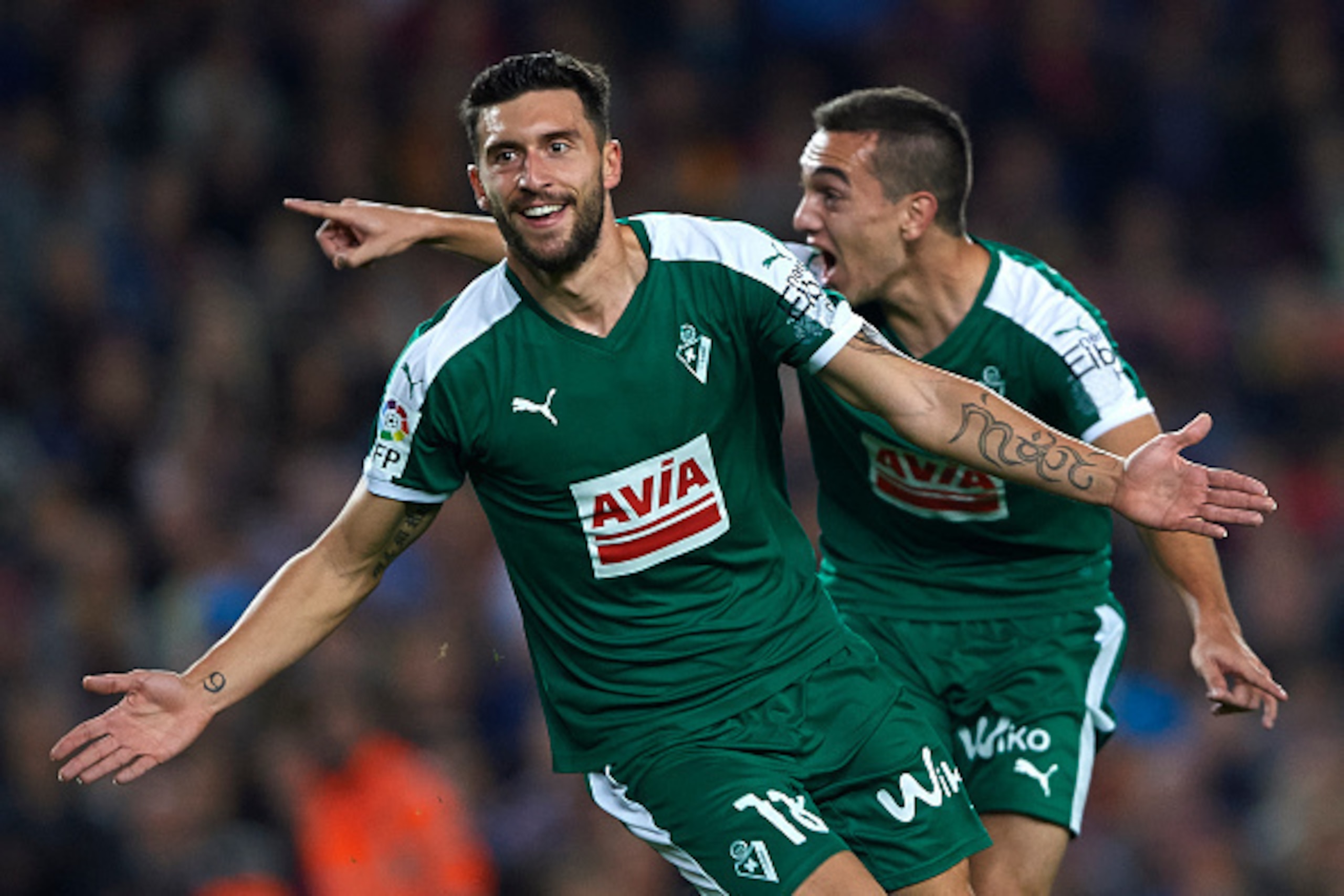 BARCELONA, SPAIN - OCTOBER 25:  Borja Gonzalez Tomas 'Baston' of Eibar celebrates scoring his team's first goal during the La Liga match between FC Barcelona and SD Eibar at Camp Nou Stadium on October 25, 2015 in Barcelona, Spain.  (Photo by Manuel Queim