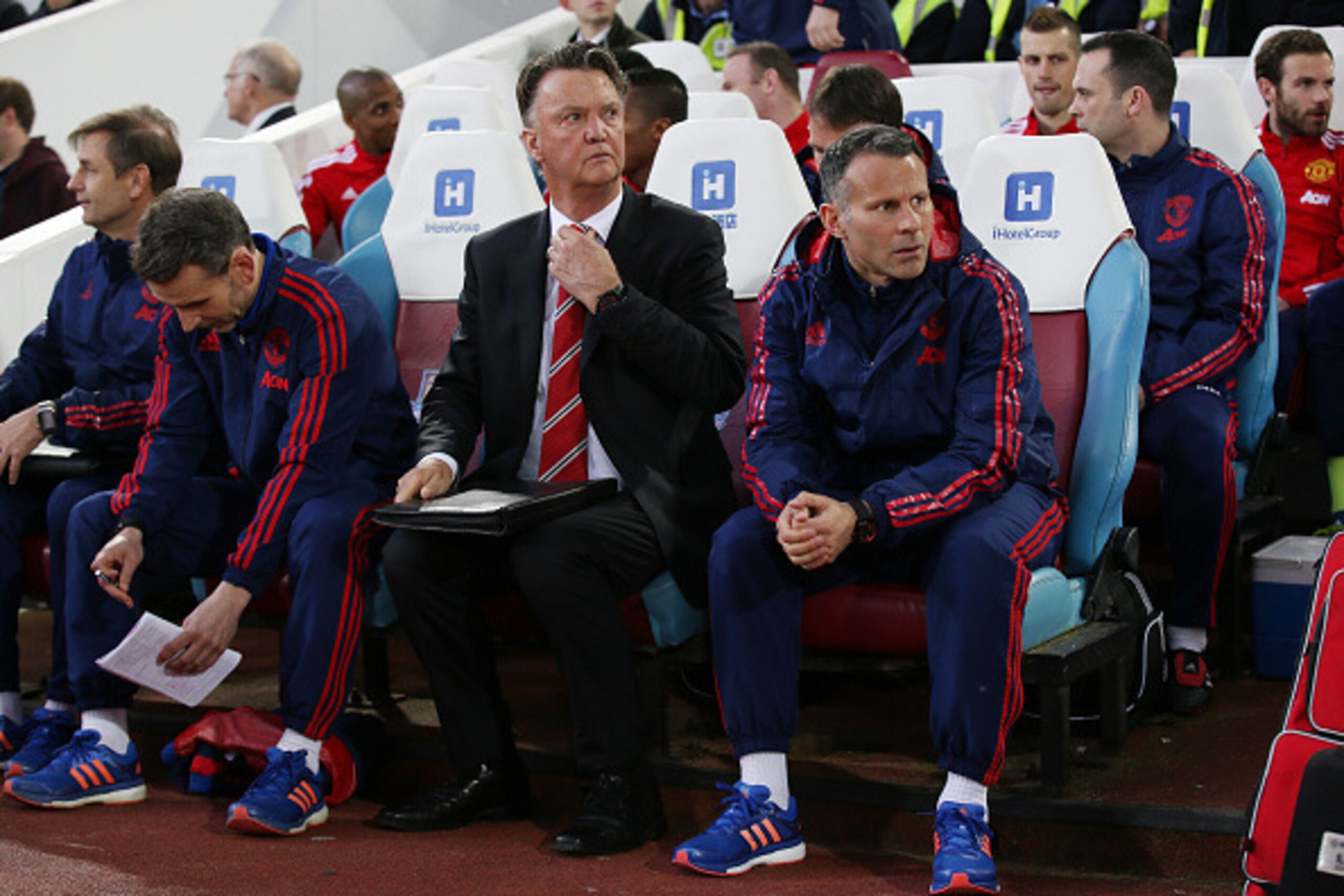 LONDON, ENGLAND - APRIL 13: Louis van Gaal, manager of Manchester United and assistant Ryan Giggs look on during The Emirates FA Cup, sixth round replay between West Ham United and Manchester United at the Boleyn Ground on April 13, 2016 in London, Englan