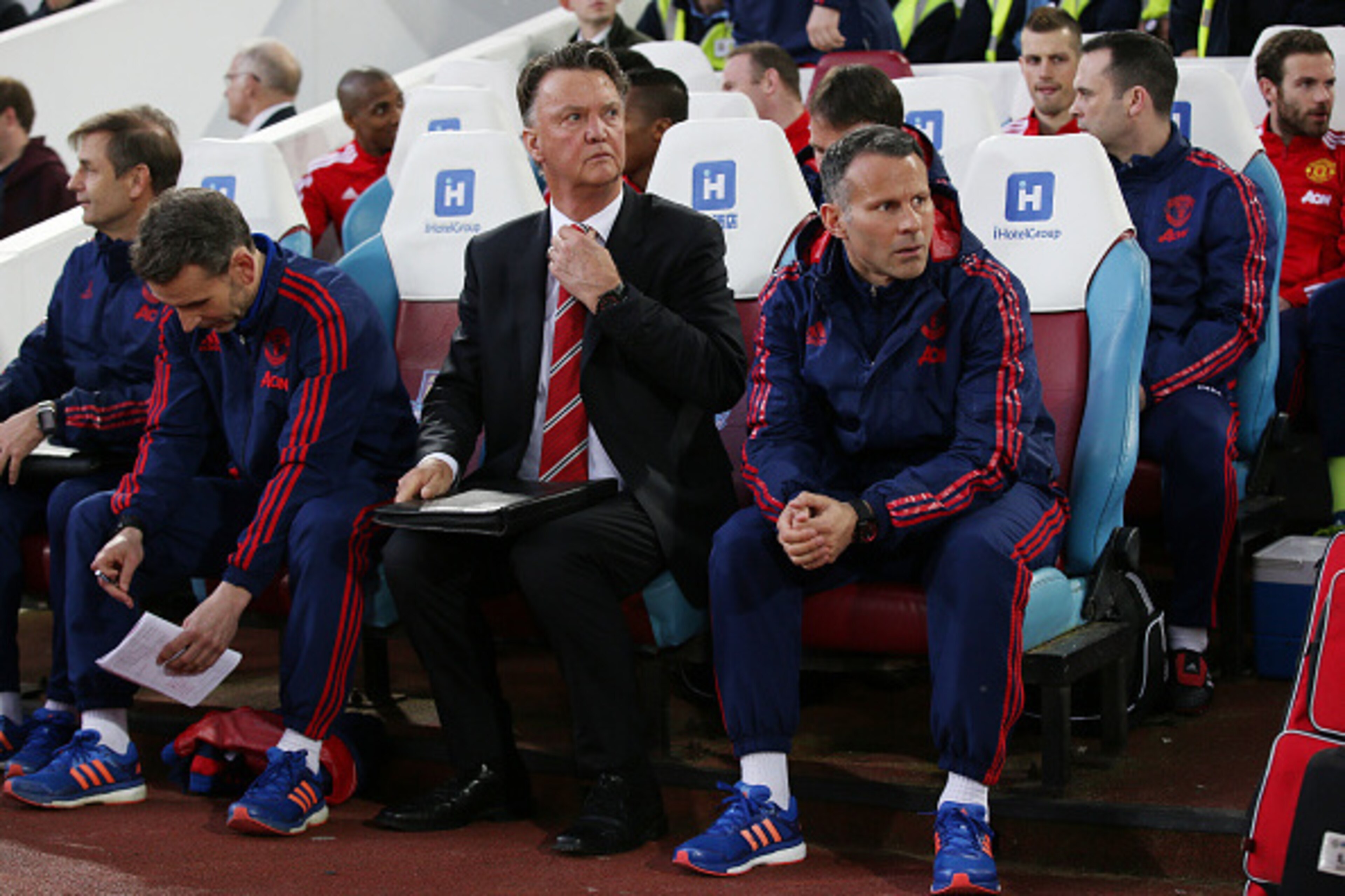 LONDON, ENGLAND - APRIL 13: Louis van Gaal, manager of Manchester United and assistant Ryan Giggs look on during The Emirates FA Cup, sixth round replay between West Ham United and Manchester United at the Boleyn Ground on April 13, 2016 in London, Englan