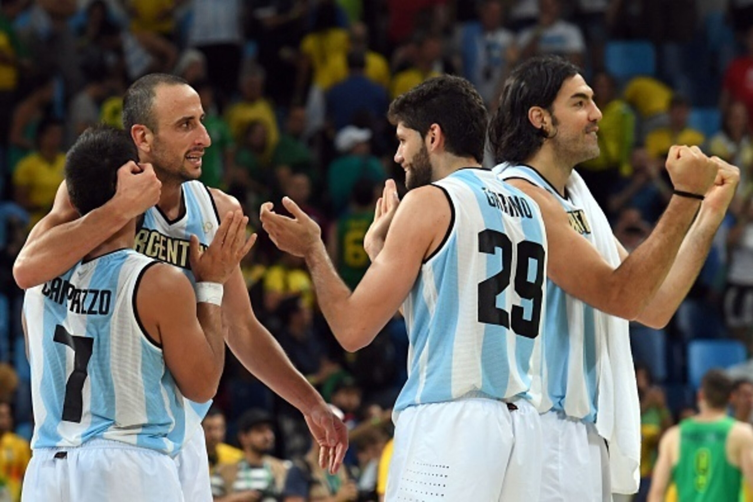 (From  Argentina's point guard Facundo Campazzo, Argentina's shooting guard Manu Ginobili, Argentina's shooting guard Patricio Garino and Argentina's power forward Luis Scola celebrate after defeating Brazil during a Men's round Group B basketball match b