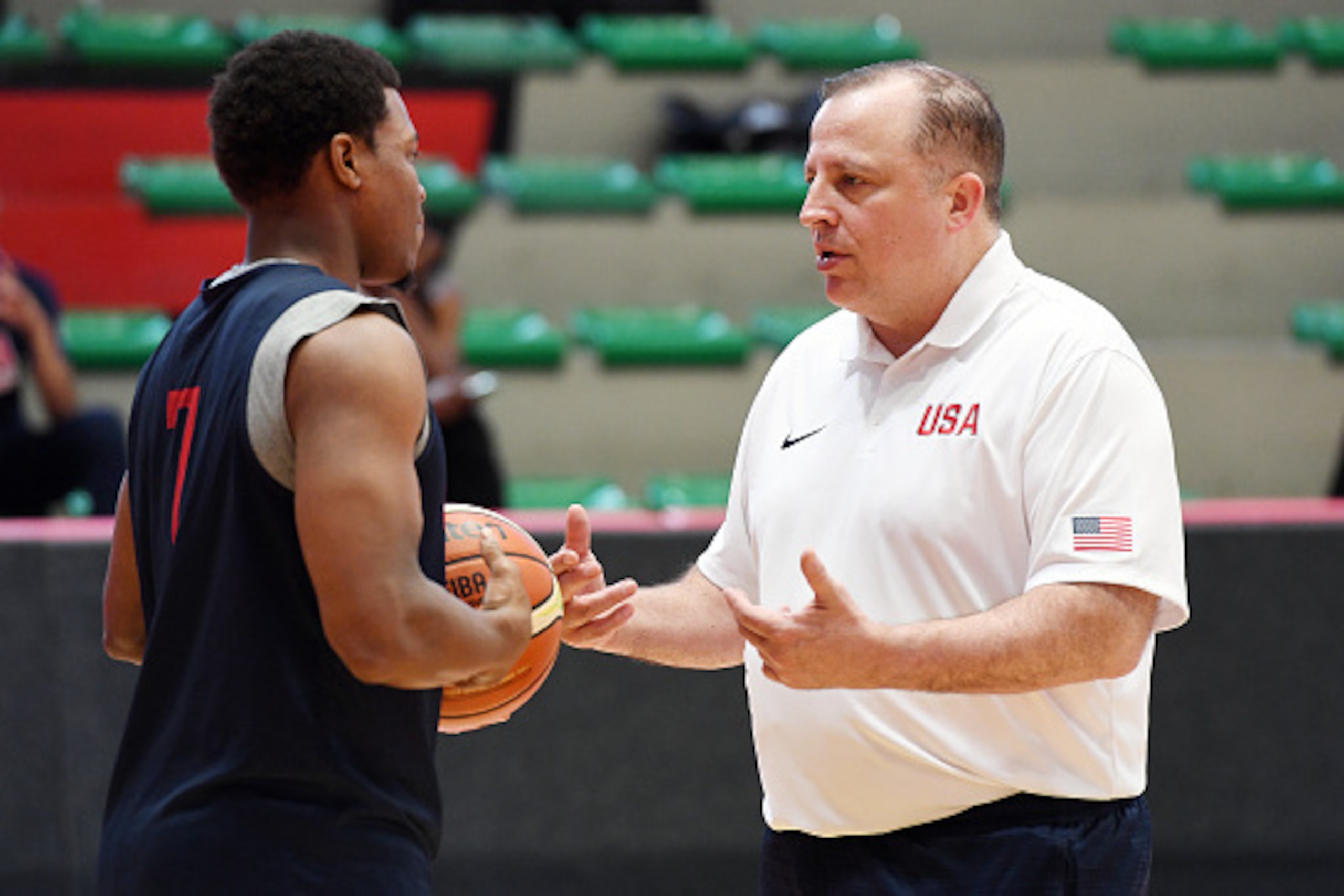 RIO DE JANEIRO, BRAZIL - AUGUST 11:  Assistant coach Tom Thibodeau talks to Kyle Lowry #7 of the USA Basketball Men's National Team at a practice during the Rio 2016 Olympic Games on August 11, 2016 at the Flamengo Club in Rio de Janerio, Brazil. NOTE TO 