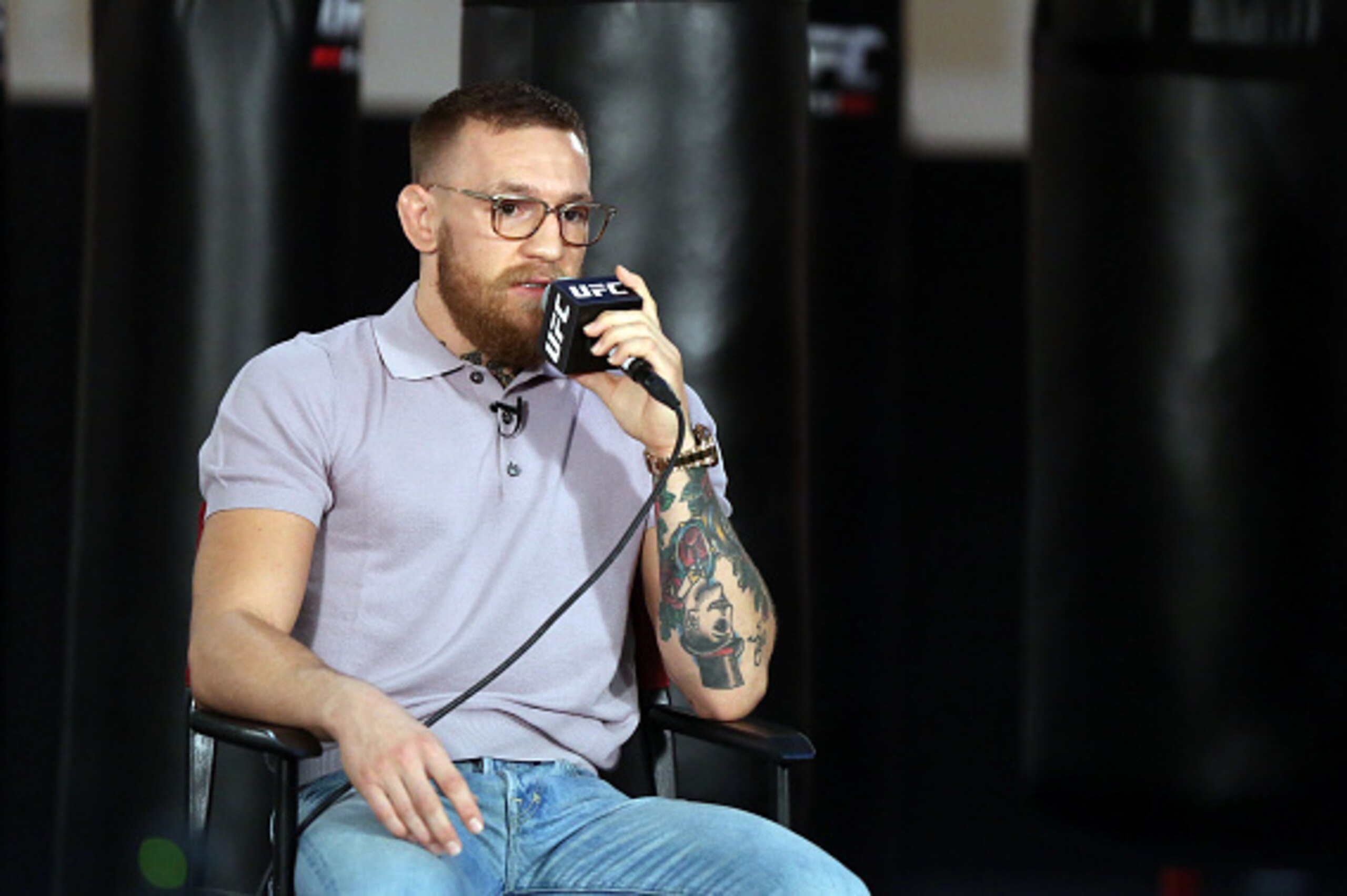 LAS VEGAS, NV - AUGUST 12:  UFC Featherweight Champion Conor McGregor speaks to members of the media during an open workout at his gym on August 12, 2016 in Las Vegas, Nevada. McGregor is scheduled to fight Nate Diaz in a welterweight rematch at UFC 202: 