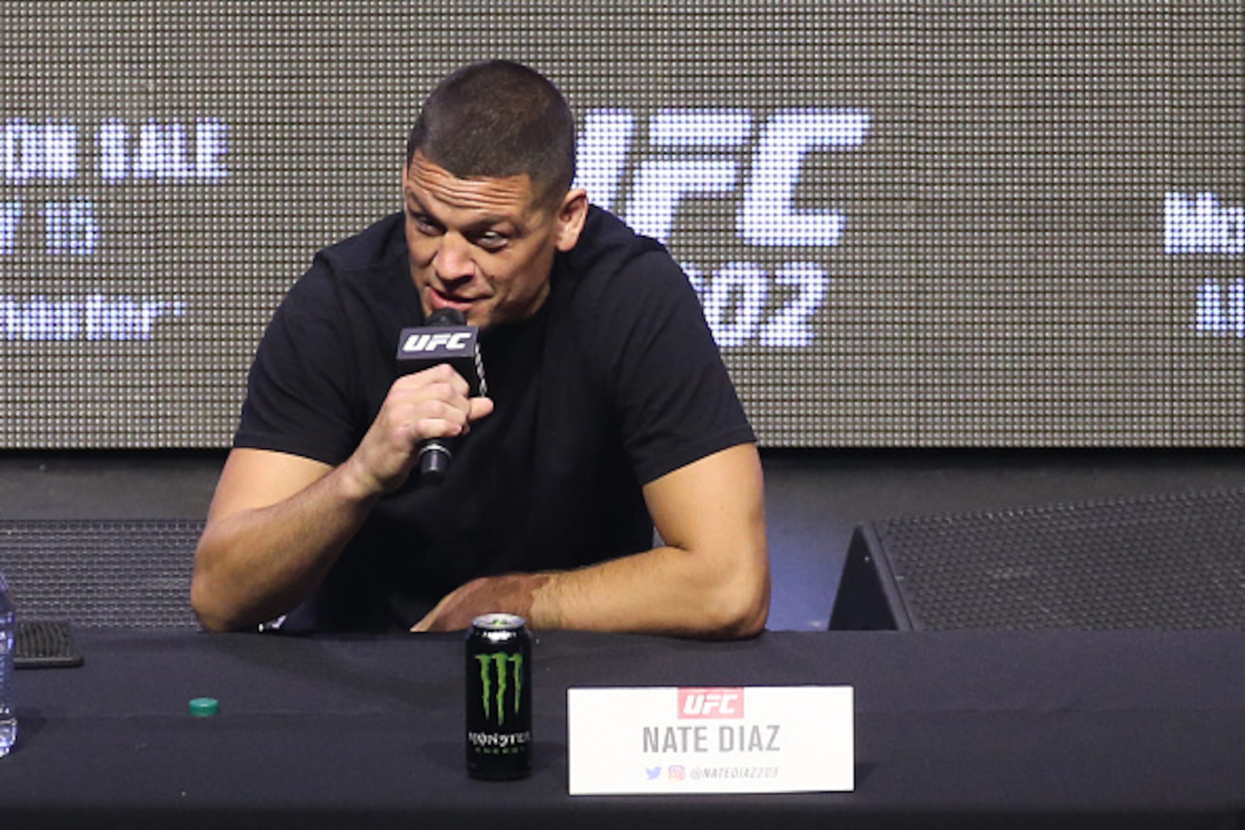 LAS VEGAS, NV - JULY 07: Nate Diaz answers questions from the media at the UFC 202 press conference at the T-Mobile Arena on July 7, 2016 in Las Vegas, Nevada. (Photo by Ed Mulholland/Zuffa LLC/Zuffa LLC via Getty Images)