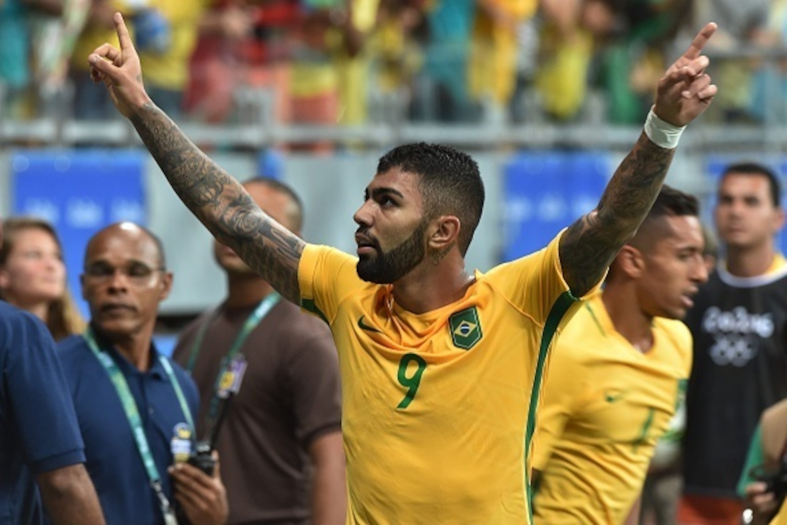 Gabriel of Brazil celebrates his goal against Denmark during the Rio 2016 Olympic Games mens first round Group A football match Brazil vs Denmark, at the Arena Fonte Nova Stadium in Salvador, Brazil on August 10, 2016 / AFP / NELSON ALMEIDA        (Photo 