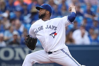 TORONTO, CANADA - AUGUST 12: Francisco Liriano #45 of the Toronto Blue Jays delivers a pitch in the first inning during MLB game action against the Houston Astros on August 12, 2016 at Rogers Centre in Toronto, Ontario, Canada. (Photo by Tom Szczerbowski/