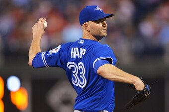PHILADELPHIA, PA - JUNE 16: Starting pitcher J.A. Happ #33 of the Toronto Blue Jays delivers a pitch in the seventh inning against the Philadelphia Phillies at Citizens Bank Park on June 16, 2016 in Philadelphia, Pennsylvania. (Photo by Drew Hallowell/Get