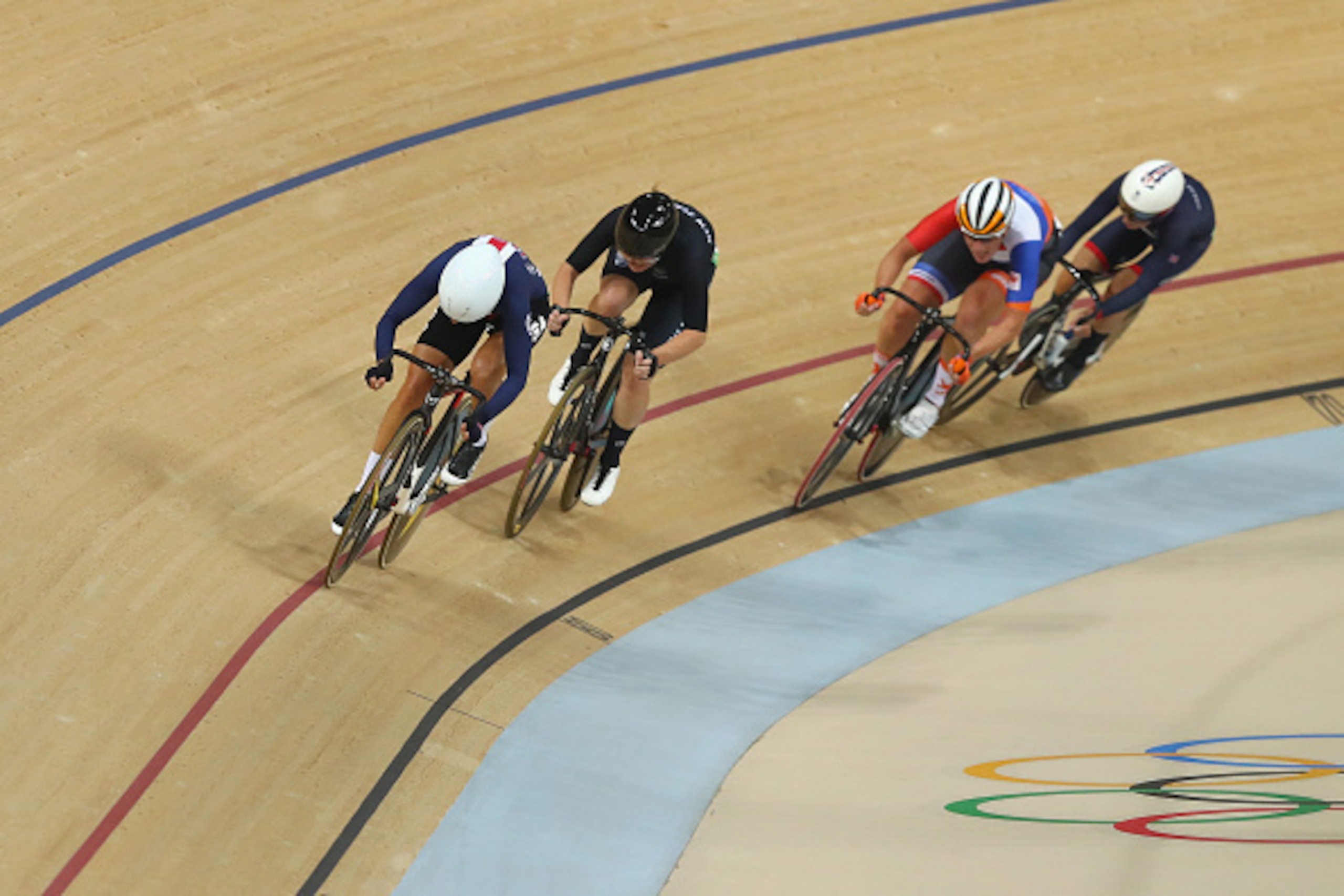RIO DE JANEIRO, BRAZIL - AUGUST 16:  Sarah Hammer of the United States, Jolien D'Hoore of Belgium, Laura Trott of Great Britain and Kirsten Wild of the Netherlands compete during the Women's Omnium Points race on Day 11 of the Rio 2016 Olympic Games at th
