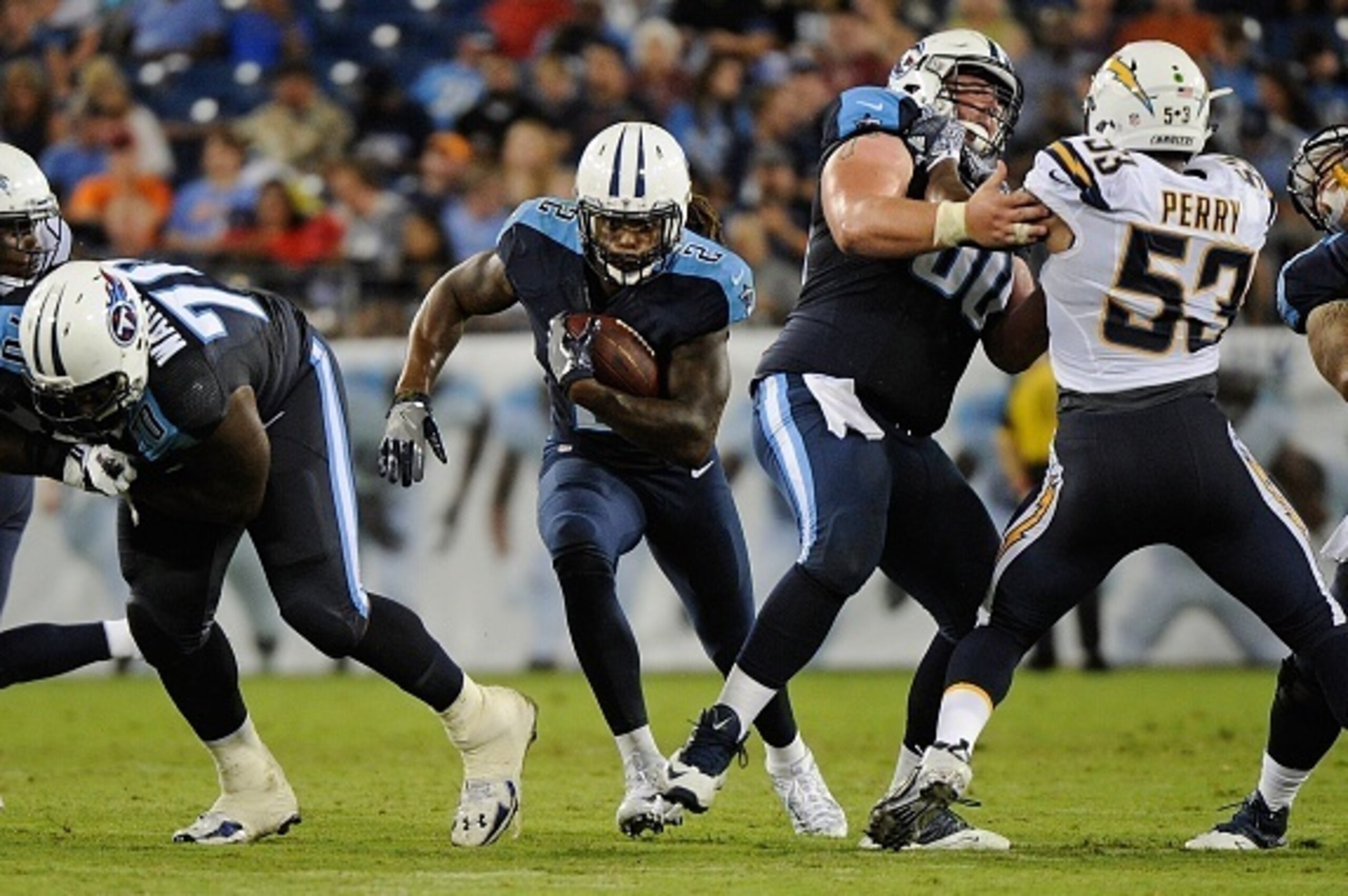 NASHVILLE, TN - AUGUST 13:  Running back Derrick Henry #2 of the Tennessee Titans rushes during the first half against of the San Diego Chargers at Nissan Stadium on August 13, 2016 in Nashville, Tennessee.  (Photo by Frederick Breedon/Getty Images)