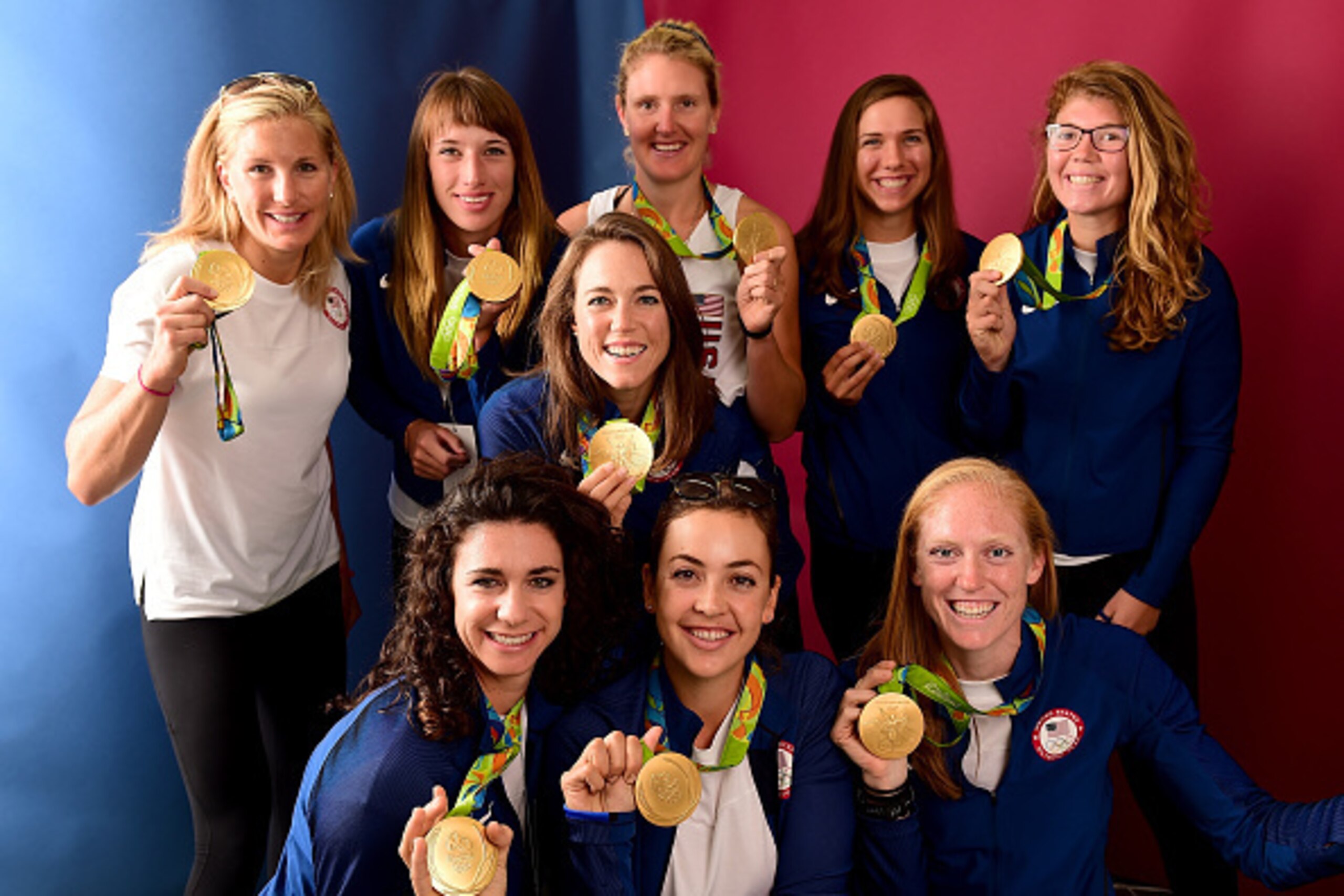 RIO DE JANEIRO, BRAZIL - AUGUST 15: (BROADCAST - OUT) Emily Regan, Kerry Simmonds, Amanda Polk, Lauren Schmetterling, Tessa Gobbo, Meghan Musnicki, Eleanor Logan, Amanda Elmore and Katelin Snyder of the United States women's rowing eight, pose for a phot RIO DE JANEIRO, BRAZIL - AUGUST 15: (BROADCAST - OUT) Emily Regan, Kerry Simmonds, Amanda Polk, Lauren Schmetterling, Tessa Gobbo, Meghan Musnicki, Eleanor Logan, Amanda Elmore and Katelin Snyder of the United States women's rowing eight, pose for a phot