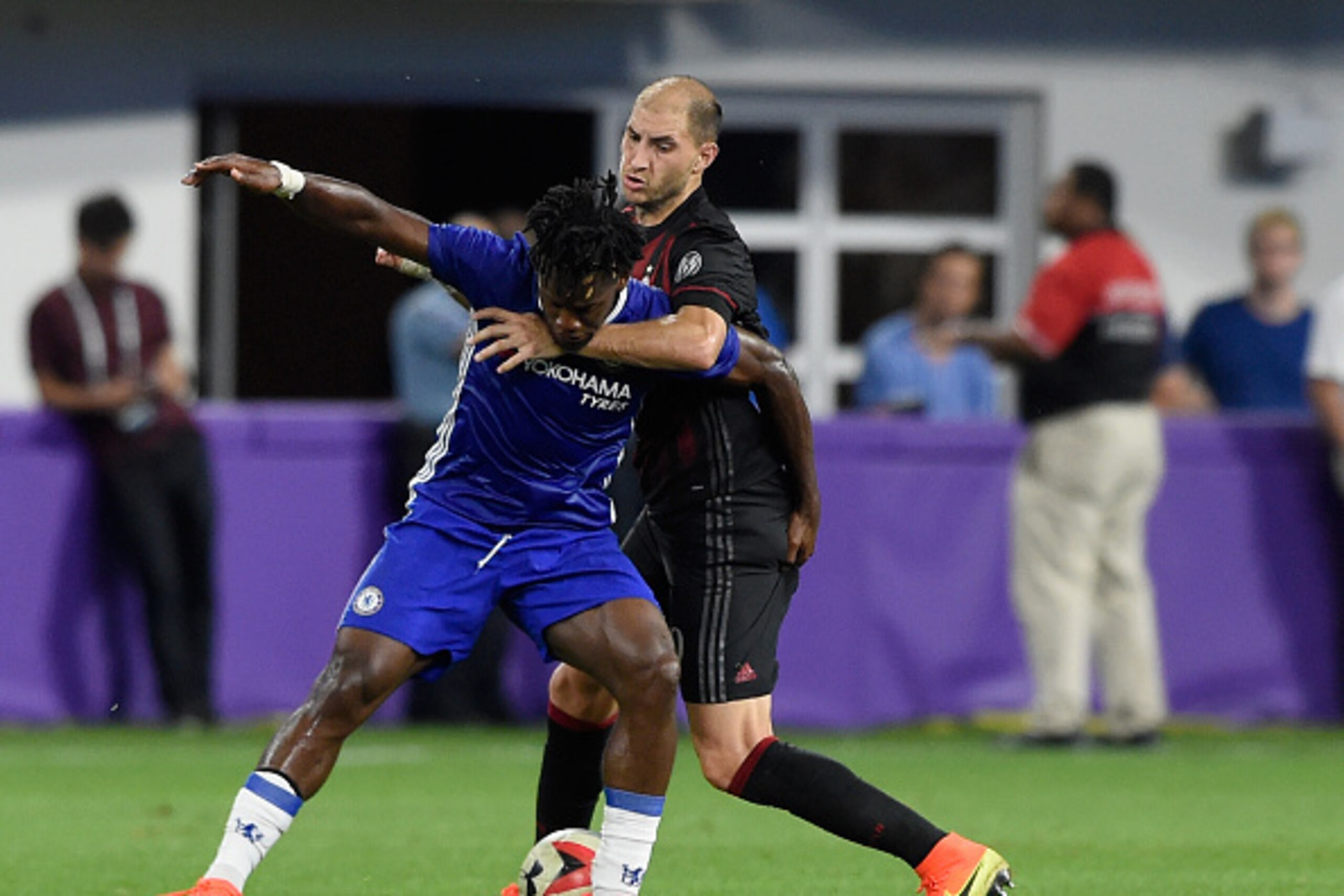 MINNEAPOLIS, MN - AUGUST 3: Gabriel Paletta #29 of AC Milan gets tangled up with Michy Batschuayi #23 of Chelsea during the second half of the International Champions Cup match on August 3, 2016 at U.S. Bank Stadium in Minneapolis, Minnesota. Chelsea defe