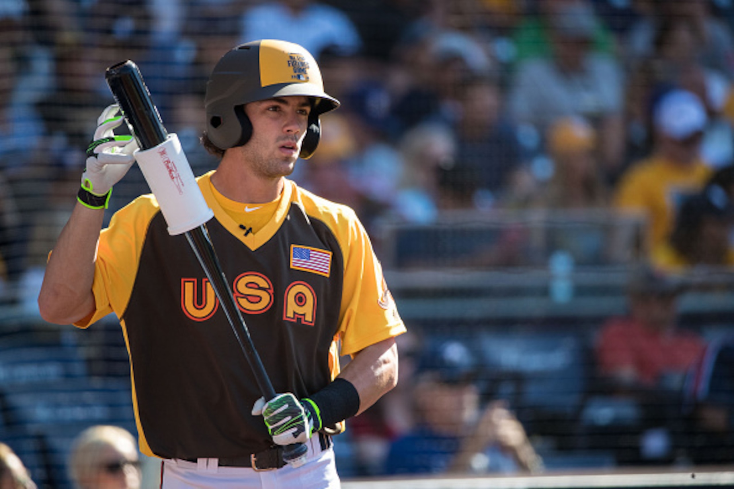 SAN DIEGO, CA - JULY 10: Dansby Swanson #7 of the Atlanta Braves and Team USA looks on during the SiriusXM All-Star Futures Game Petco Park on Tuesday, July 10, 2016 in San Diego, California. (Photo by Brace Hemmelgarn/Minnesota Twins/Getty Images)