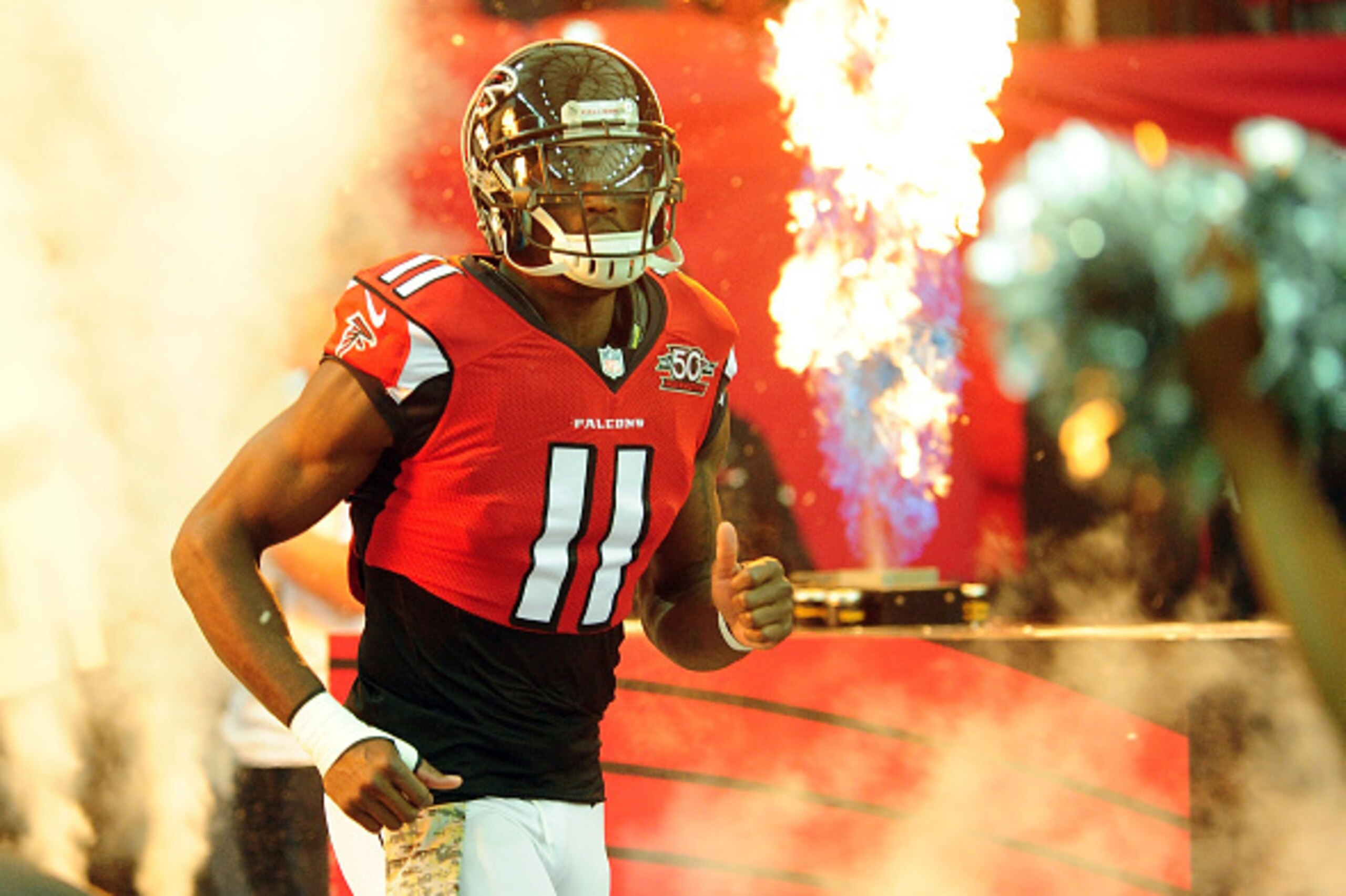 ATLANTA, GA - NOVEMBER 22:  Julio Jones #11 of the Atlanta Falcons is introduced prior to the game against the Indianapolis Colts at the Georgia Dome on November 22, 2015 in Atlanta, Georgia.  (Photo by Scott Cunningham/Getty Images)