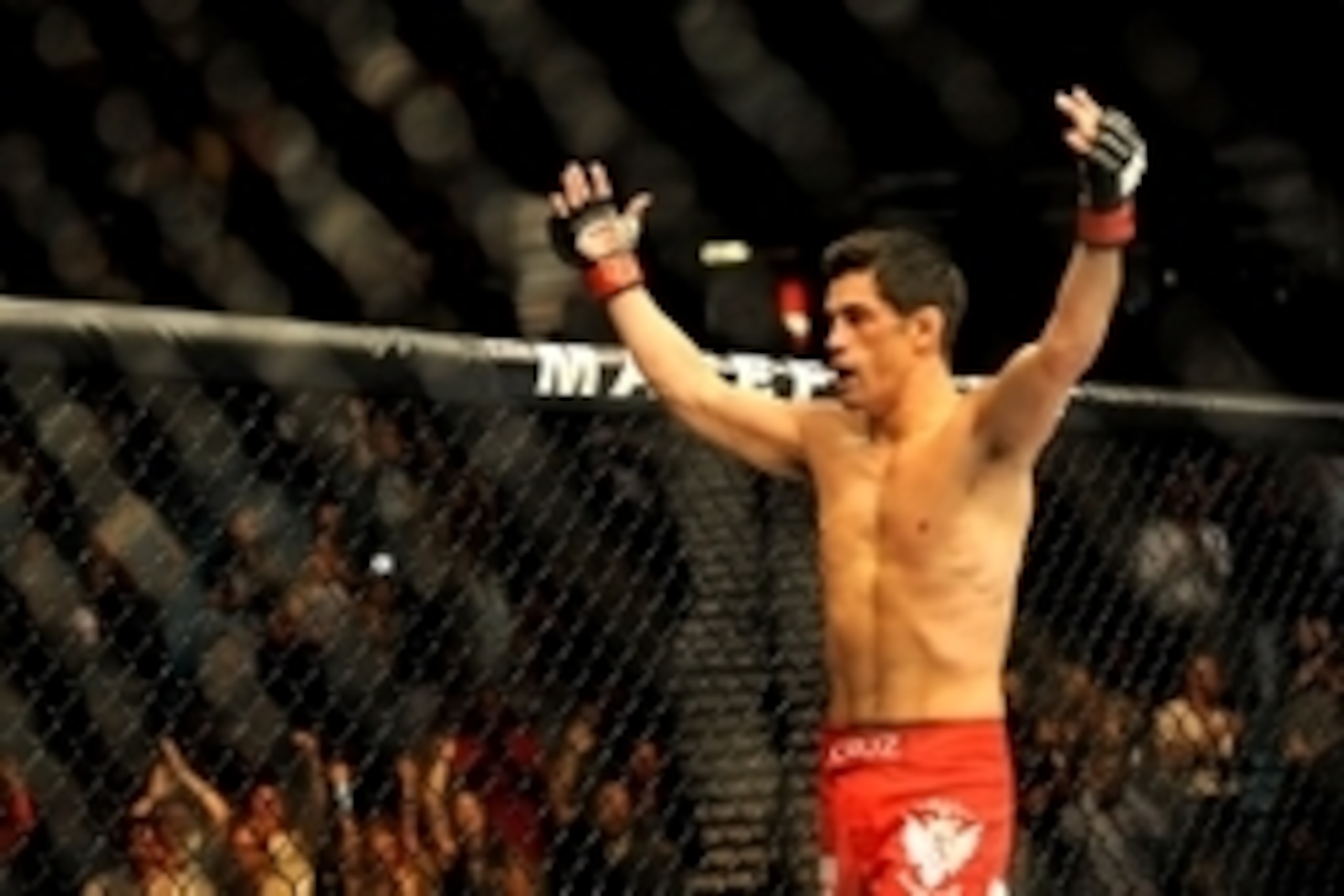 Sep 27, 2014; Las Vegas, NV, USA; Dominick Cruz celebrates his knockout victory in the first round over Takeya Mizugaki during a bantamweight fight in UFC 178 at MGM Grand Garden Arena. Mandatory Credit: Stephen R. Sylvanie-USA TODAY Sports