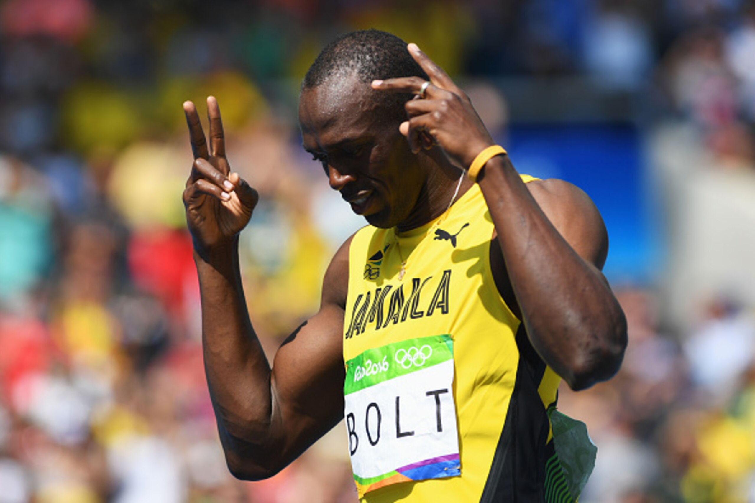 RIO DE JANEIRO, BRAZIL - AUGUST 16:  Usain Bolt of Jamaica reacts prior to competing in the Men's 200m Round 1 - Heat 9 on Day 11 of the Rio 2016 Olympic Games at the Olympic Stadium on August 16, 2016 in Rio de Janeiro, Brazil.  (Photo by Shaun Botterill