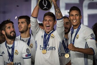 TRONDHEIM, NORWAY - AUGUST 09: James Rodriguez of Real Madrid celebrate victory, UEFA Super Cup match between Real Madrid and Sevilla at the Lerkendal Stadion on August 9, 2016 in Trondheim, Norway. (Photo by Trond Tandberg/Getty Images)