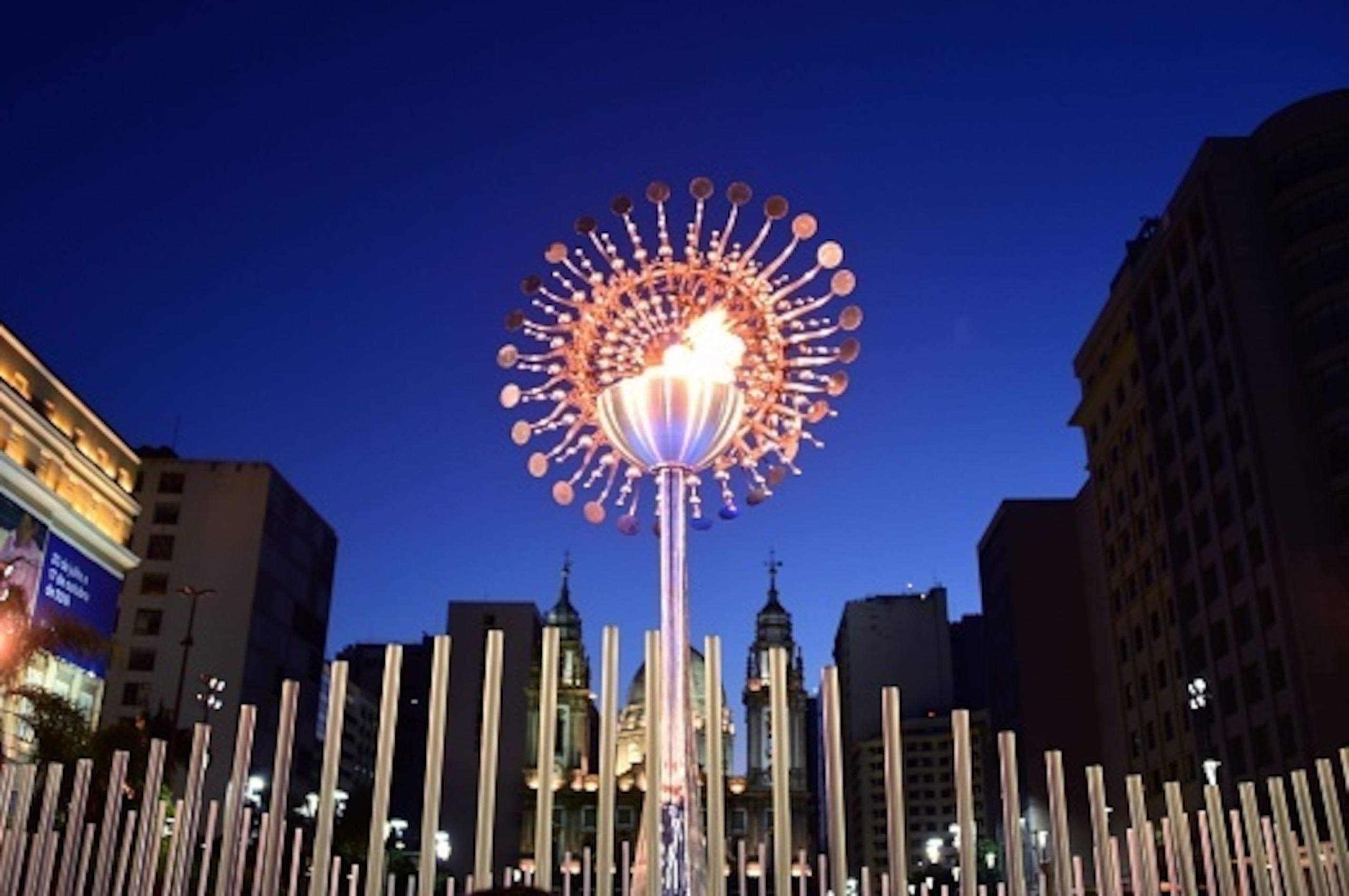 In picture the olympic flame during the Rio 2016 Olympic Games in front of the Candelaria church in Rio de Janeiro, on August 13, 2016. / AFP / TASSO MARCELO        (Photo credit should read TASSO MARCELO/AFP/Getty Images)