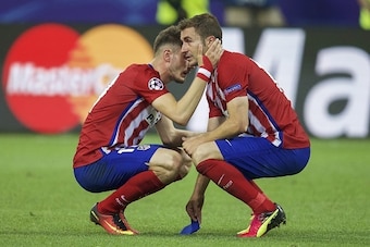 (L-R) Saul Niguez of Club Atletico de Madrid, Gabi of Club Atletico de Madrid during the UEFA Champions League final match between Real Madrid and Atletico Madrid on May 28, 2016 at the Giuseppe Meazza San Siro stadium in Milan, Italy.(Photo by VI Images 