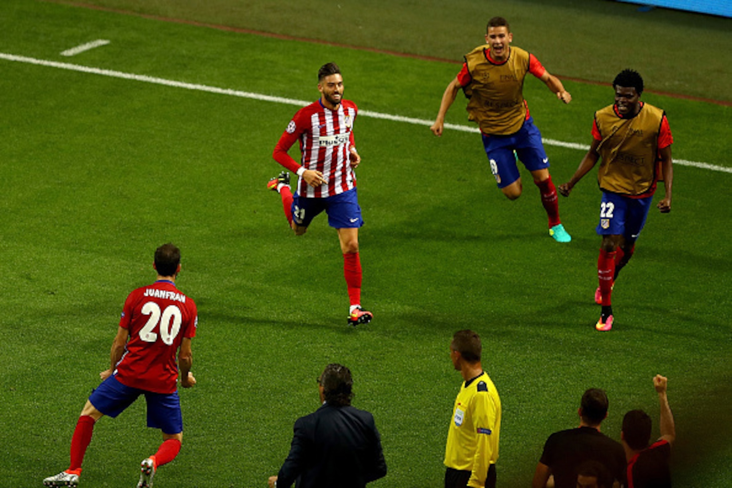 MILAN, ITALY - MAY 28:  Yannick Carrasco of Atletico Madrid celebrates afte scorig the equalizing goal during the UEFA Champions League Final match between Real Madrid and Club Atletico de Madrid at Stadio Giuseppe Meazza on May 28, 2016 in Milan, Italy. 