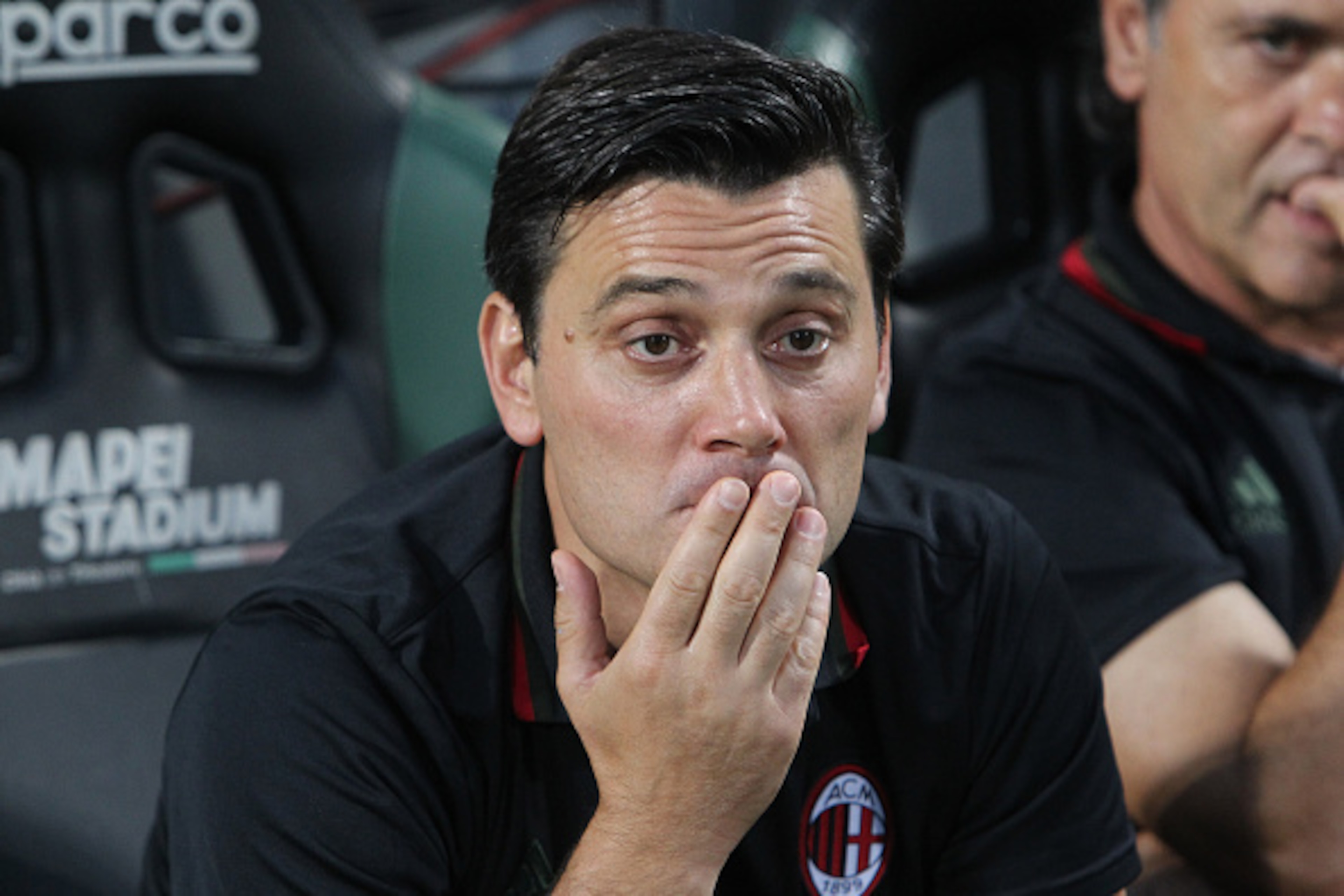 REGGIO NELL'EMILIA, ITALY - AUGUST 10:  AC Milan coach Vincenzo Montella looks on before the TIM Preseason Tournament at Mapei Stadium - Citta' del Tricolore on August 10, 2016 in Reggio nell'Emilia, Italy  (Photo by Marco Luzzani/Getty Images)