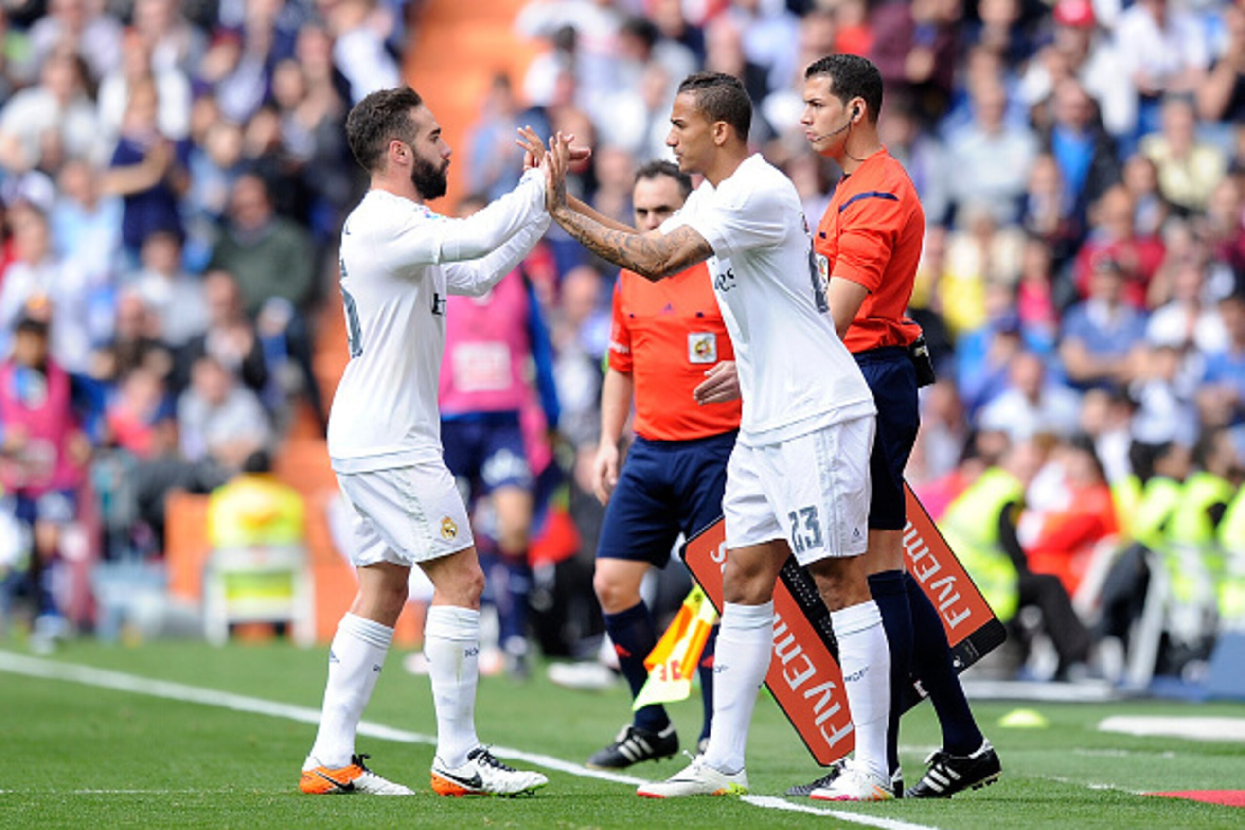 MADRID, SPAIN - APRIL 09:  Danilo comes on for Dani Carvajal of Real Madrid during the La Liga match between Real Madrid and Eibar at Estadio Santiago Bernabeu on April 9, 2016 in Madrid, Spain.  (Photo by Denis Doyle/Getty Images)