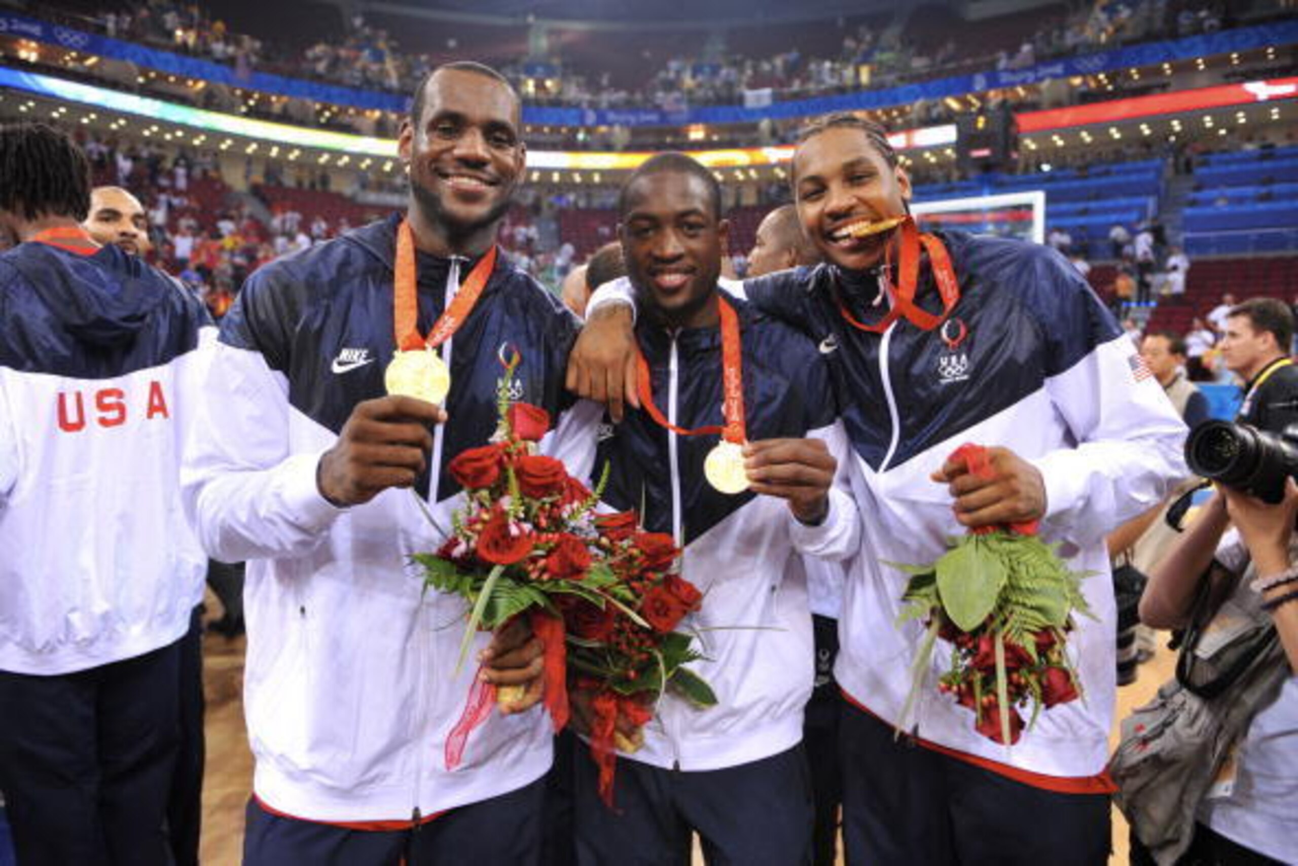 BEIJING - AUGUST 24: (L-R) LeBron James #6, Dwyane Wade #9 and Carmelo Anthony #15 of the U.S. Men's Senior National Team celebrates winning the men's gold medal basketball game at the 2008 Beijing Olympic Games at the Beijing Olympic Basketball gymnasium