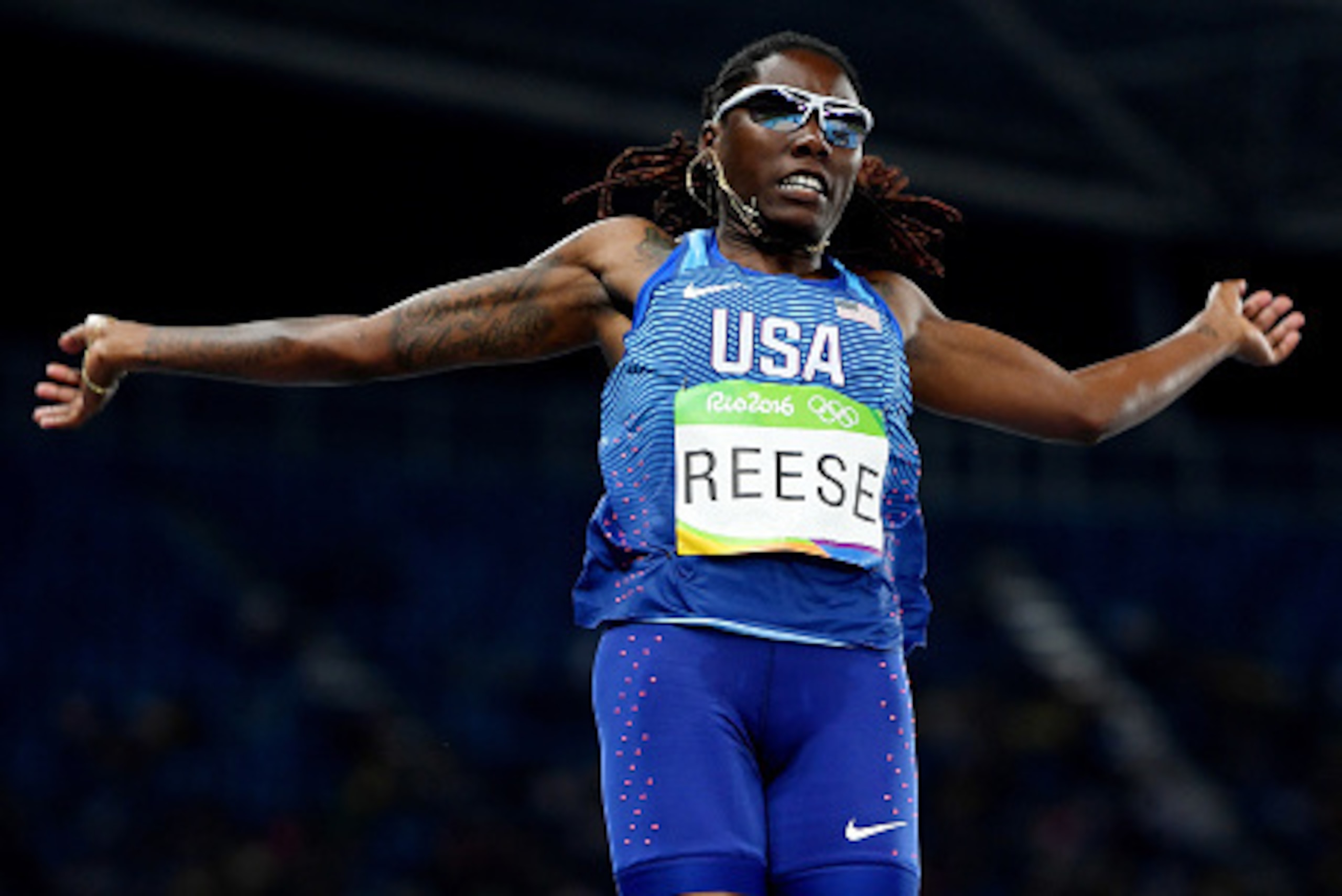 RIO DE JANEIRO, BRAZIL - AUGUST 16:  Brittney Reese of the United States competes during the Women's Long Jump Qualifying Round on Day 11 of the Rio 2016 Olympic Games at the Olympic Stadium on August 16, 2016 in Rio de Janeiro, Brazil.  (Photo by Shaun B