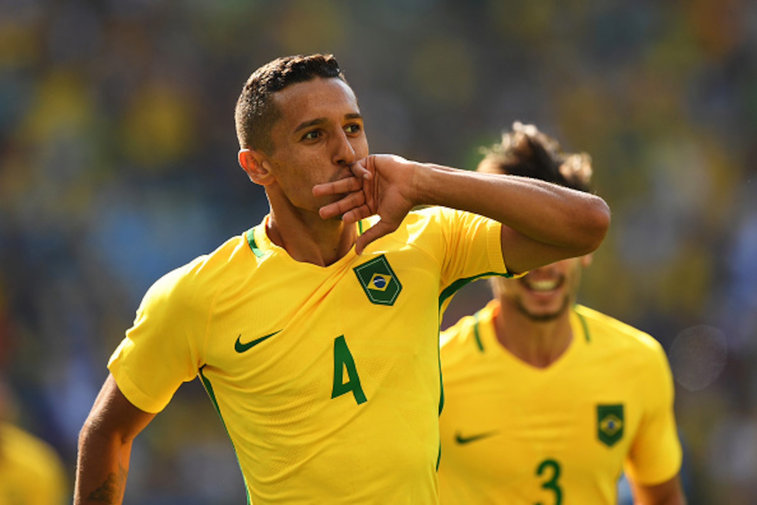 RIO DE JANEIRO, BRAZIL - AUGUST 17:  Marquinhos of Brazil celebrates scoring the 4th goal during the Men's Semifinal Football match at Maracana Stadium on Day 12 of the Rio 2016 Olympic Games on August 17, 2016 in Rio de Janeiro, Brazil.  (Photo by Quinn 