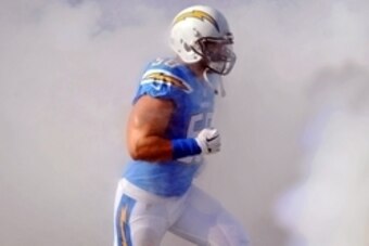 Nov 22, 2015; San Diego, CA, USA; San Diego Chargers inside linebacker Manti Te'o (50) runs onto the field during player introductions before the game against the Kansas City Chiefs at Qualcomm Stadium. Mandatory Credit: Orlando Ramirez-USA TODAY Sports