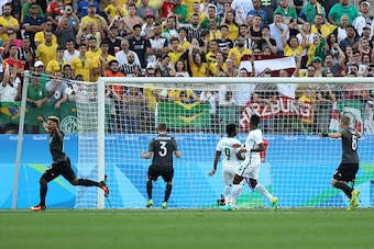SAO PAULO, BRAZIL - AUGUST 17:  Lukas Klostermann #3 of Germany celebrates kicking a goal during the Men's Semifinal Football match between Nigeria and Germany on Day 12 of the Rio 2016 Olympic Games at Arena Corinthians on August 17, 2016 in Sao Paulo, B