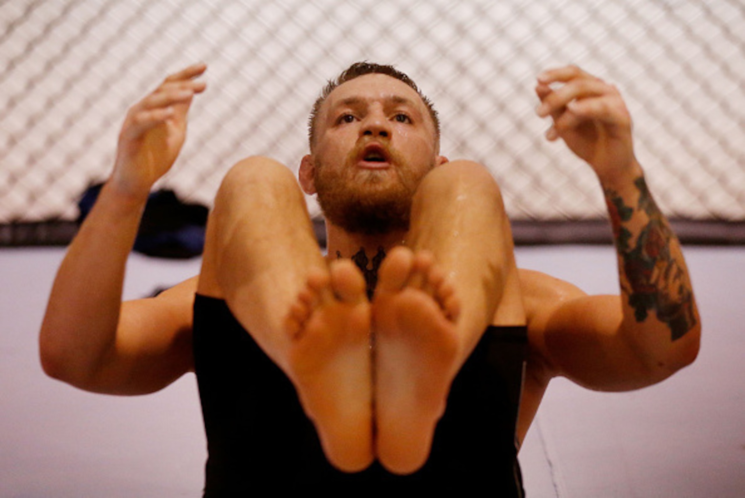 LAS VEGAS, NV - AUGUST 12:  UFC Featherweight Champion Conor McGregor trains during an open workout at his gym on August 12, 2016 in Las Vegas, Nevada. McGregor is scheduled to fight Nate Diaz in a welterweight rematch at UFC 202: Diaz vs. McGregor 2 on A