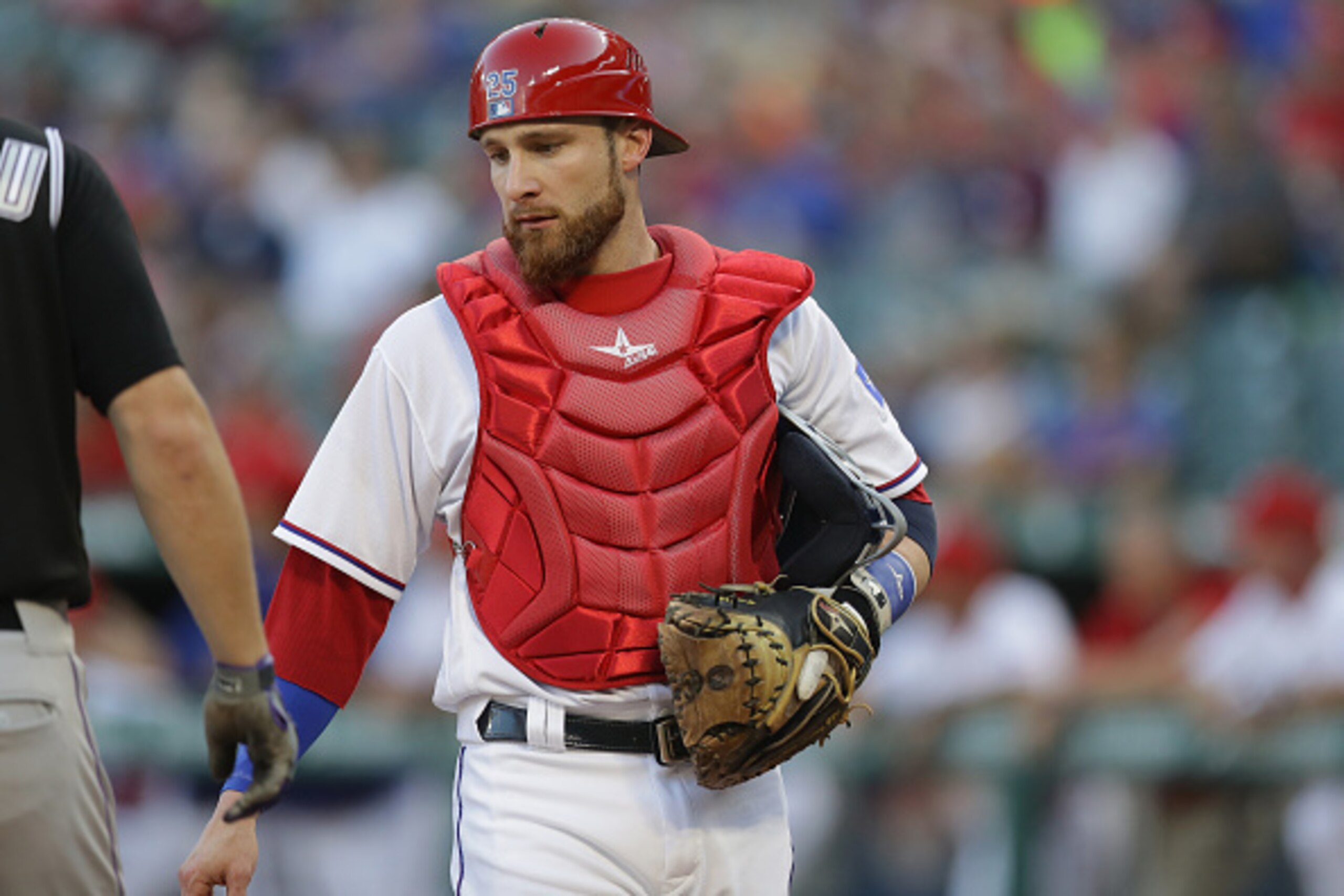 ARLINGTON, TX - AUGUST 10:  Jonathan Lucroy #25 of the Texas Rangers at Globe Life Park in Arlington on August 10, 2016 in Arlington, Texas.  (Photo by Ronald Martinez/Getty Images)