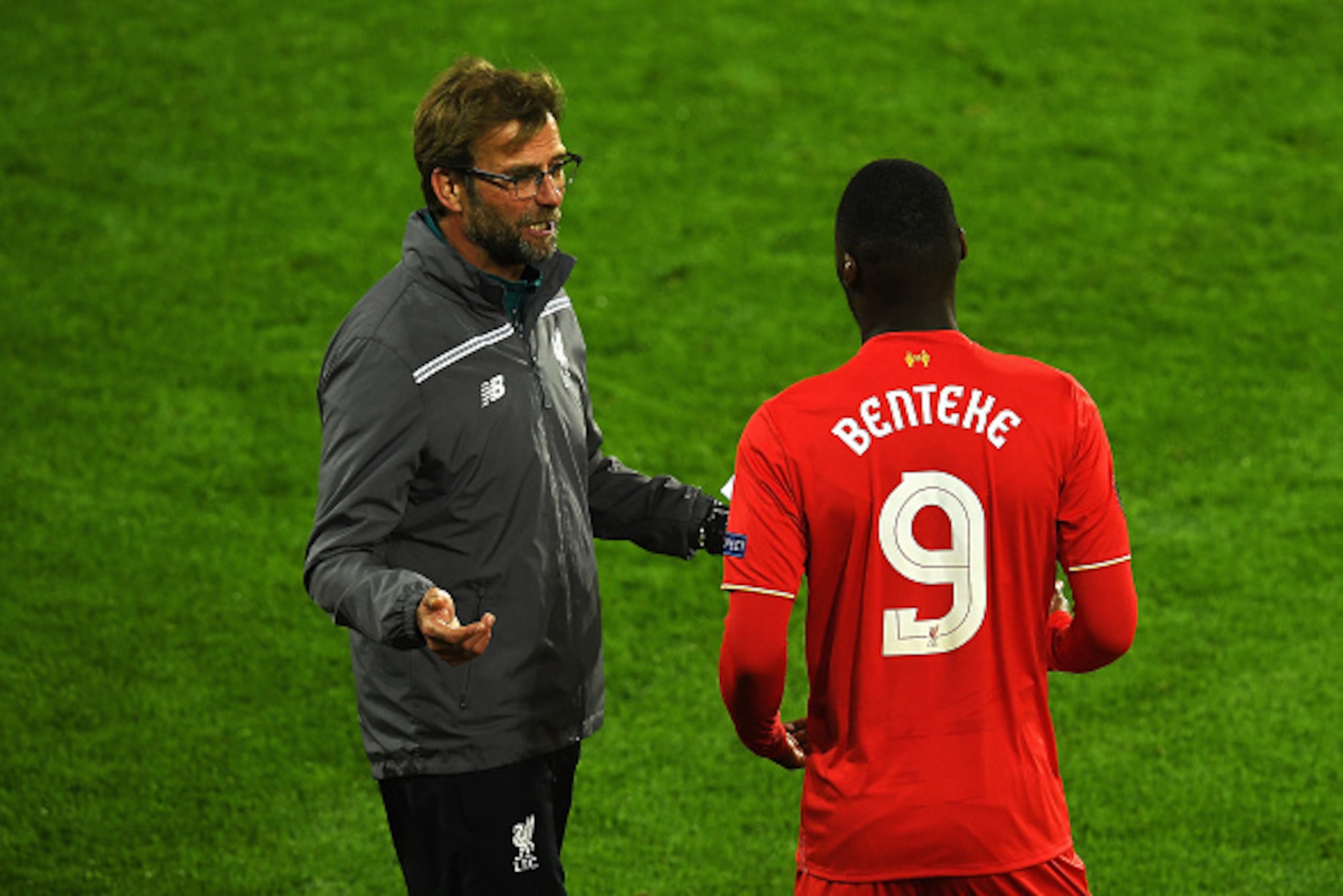 BASEL, SWITZERLAND - MAY 18: Jurgen Klopp, manager of Liverpool instructs Christian Benteke  during the UEFA Europa League Final match between Liverpool and Sevilla at St. Jakob-Park on May 18, 2016 in Basel, Switzerland.  (Photo by Dennis Grombkowski/Get