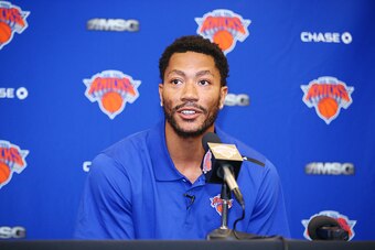 NEW YORK, NY - JUNE 24:  Derrick Rose is introduced at a press conference as the newest member of the New York Knicks on June 24, 2016 in New York, NY. NOTE TO USER: User expressly acknowledges and agrees that, by downloading and/or using this Photograph,