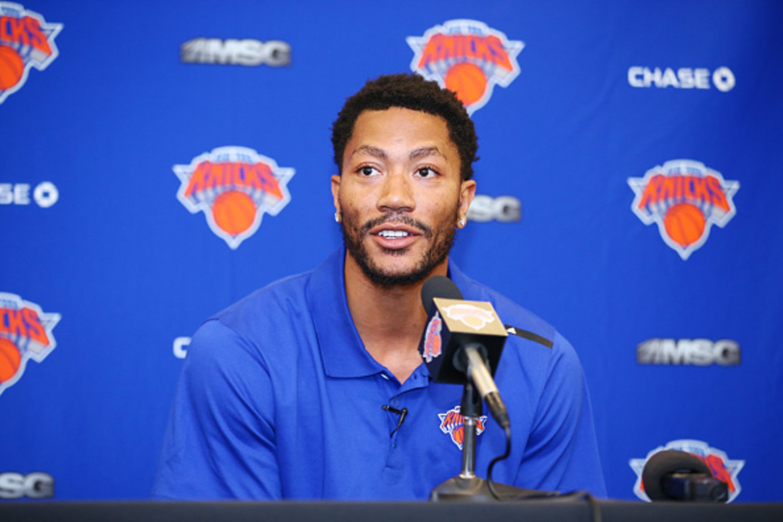 NEW YORK, NY - JUNE 24:  Derrick Rose is introduced at a press conference as the newest member of the New York Knicks on June 24, 2016 in New York, NY. NOTE TO USER: User expressly acknowledges and agrees that, by downloading and/or using this Photograph,