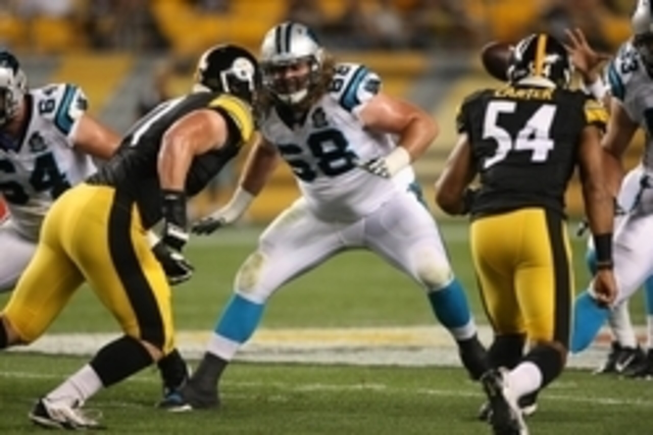 Aug 28, 2014; Pittsburgh, PA, USA; Carolina Panthers guard Andrew Norwell (68) lines up against the Pittsburgh Steelers during the first half at Heinz Field. Mandatory Credit: Jason Bridge-USA TODAY Sports