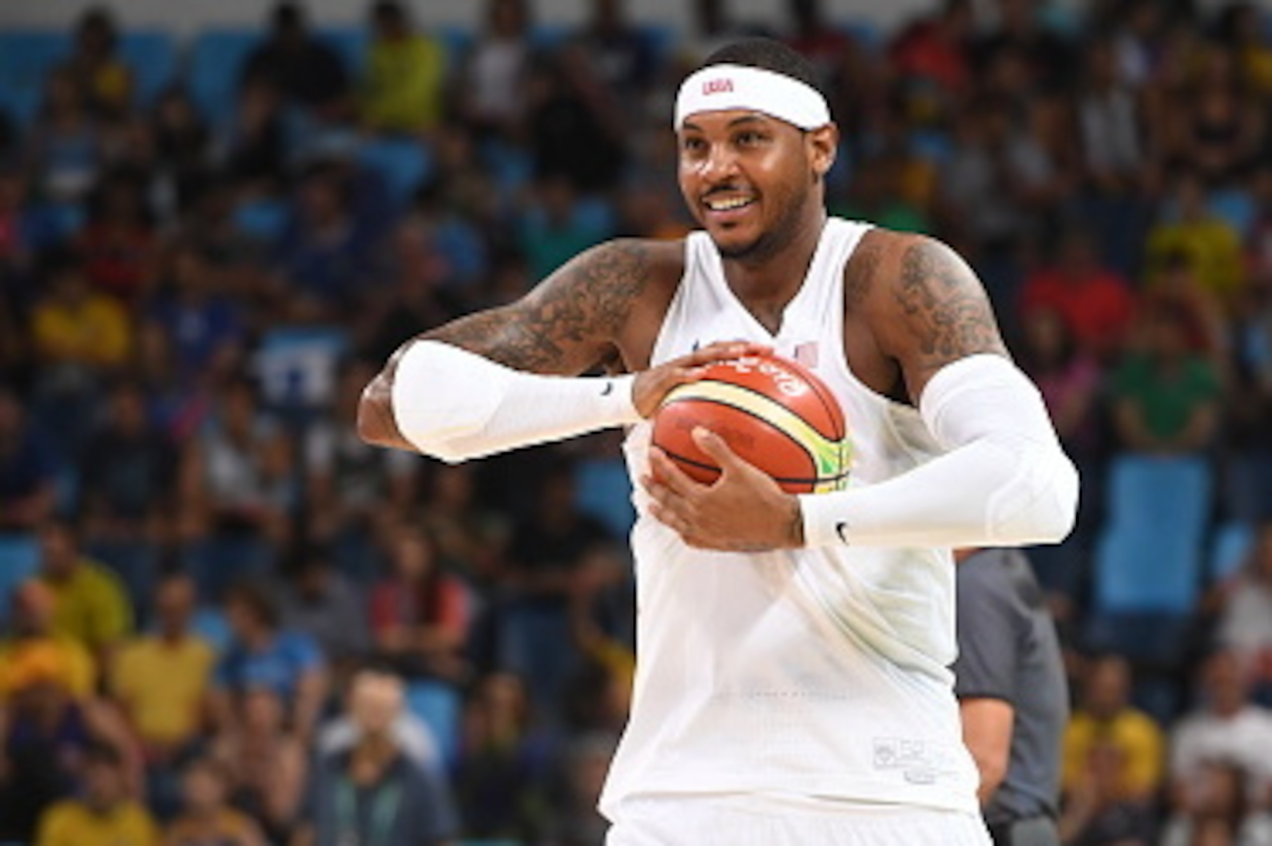 RIO DE JANEIRO, BRAZIL - AUGUST 17:  Carmelo Anthony #15 of the USA Basketball Men's National Team looks on against Argentina during the Quarterfinals on Day 12 of the Rio 2016 Olympic Games on August 17, 2016 at Barra Carioca Arena 1 in Rio de Janerio, B