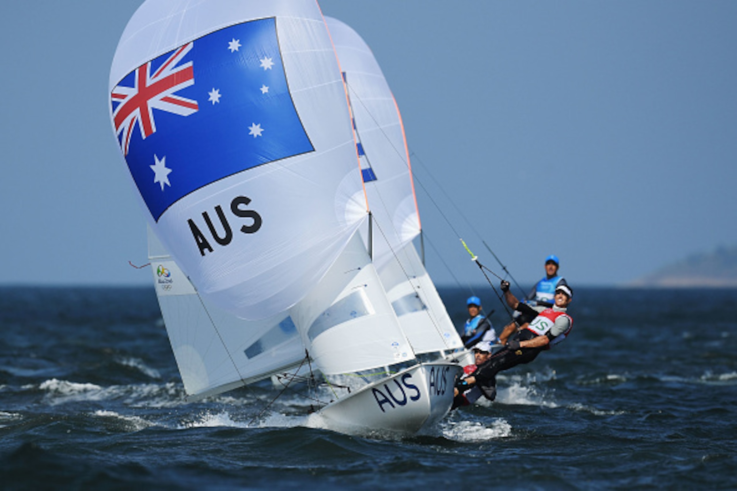 RIO DE JANEIRO, BRAZIL - AUGUST 18:  Mathew Belcher (helm) of Australia and Will Ryan of Australia compete on their way to winning the silver medal in the Men's 470 class at the Marina da Gloria on Day 13 of the 2016 Rio Olympic Games on August 18, 2016 i