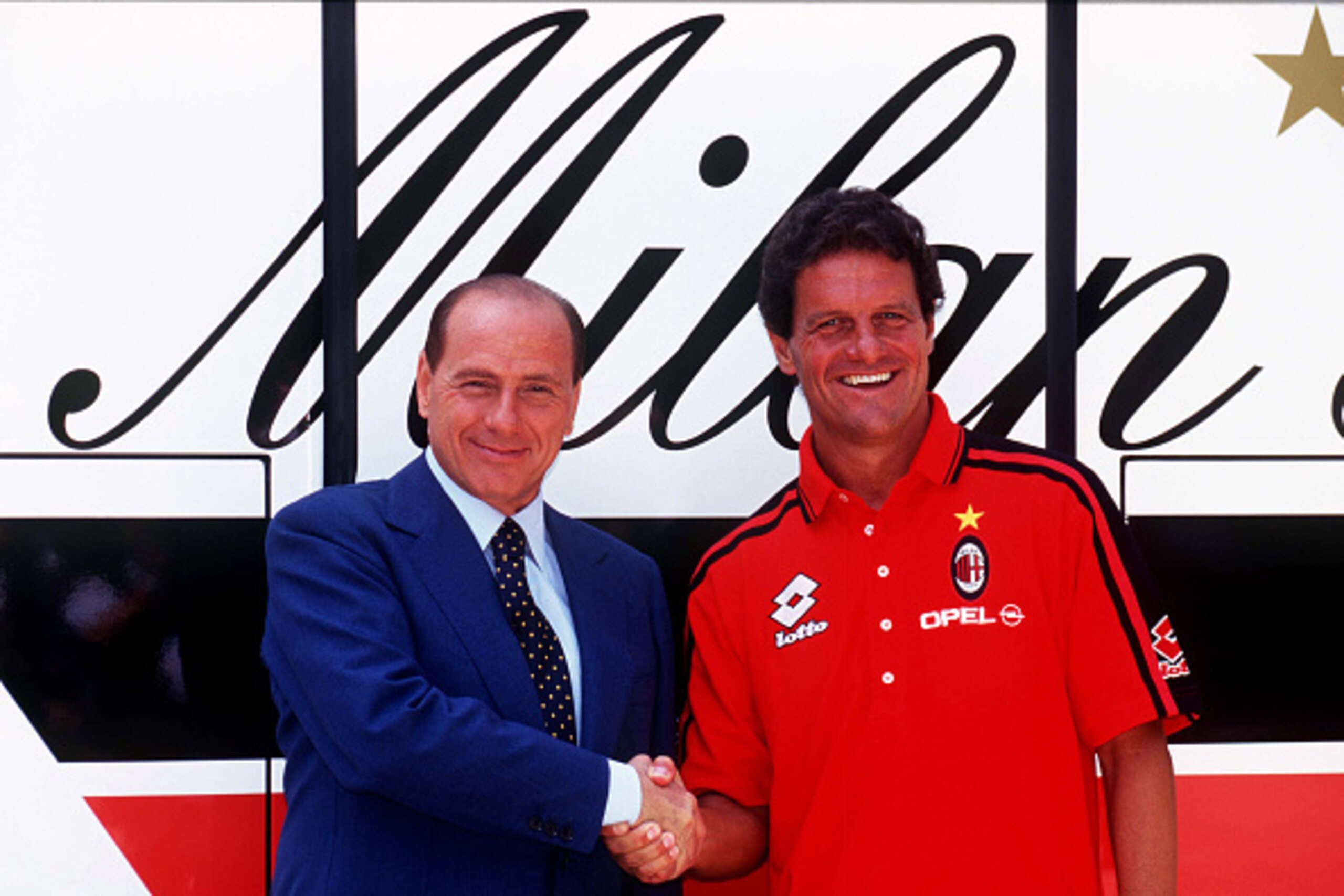 MILANELLO (VARESE) JULY 16, 1997: President AC Milan Silvio Berlusconi (L) and head coach Fabio Capello attend AC Milan press conference on July 16, 1997 at Milanello (Varese).