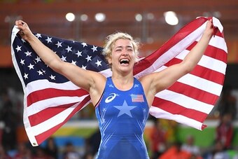 USA's Helen Louise Maroulis celebrates after winning against Japan's Saori Yoshida in their women's 53kg freestyle final match on August 18, 2016, during the wrestling event of the Rio 2016 Olympic Games at the Carioca Arena 2 in Rio de Janeiro. / AFP / T