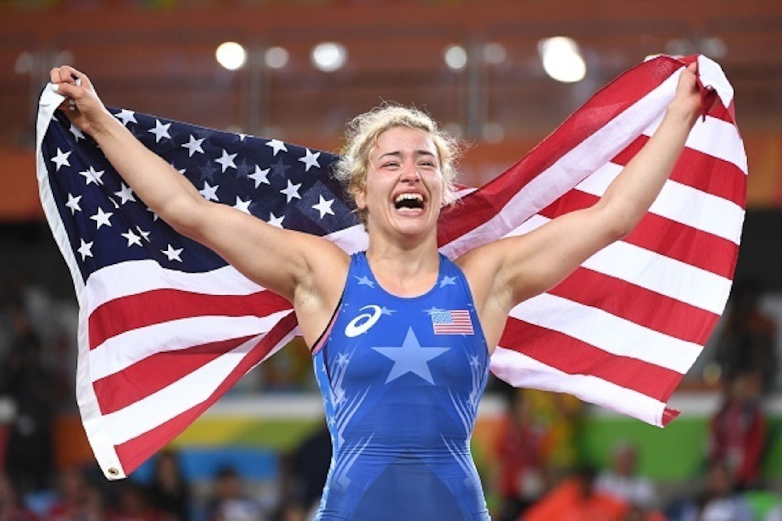 USA's Helen Louise Maroulis celebrates after winning against Japan's Saori Yoshida in their women's 53kg freestyle final match on August 18, 2016, during the wrestling event of the Rio 2016 Olympic Games at the Carioca Arena 2 in Rio de Janeiro. / AFP / T USA's Helen Louise Maroulis celebrates after winning against Japan's Saori Yoshida in their women's 53kg freestyle final match on August 18, 2016, during the wrestling event of the Rio 2016 Olympic Games at the Carioca Arena 2 in Rio de Janeiro. / AFP / T