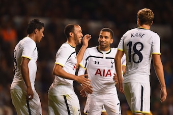LONDON, ENGLAND - AUGUST 28:  Andros Townsend of Spurs celebrates scoring theiur third goal from the penalty spot with Aaron Lennon, Paulinho and Harry Kane of Spurs during the UEFA Europa League Qualifying Play-Offs Round Second Leg match between Tottenh