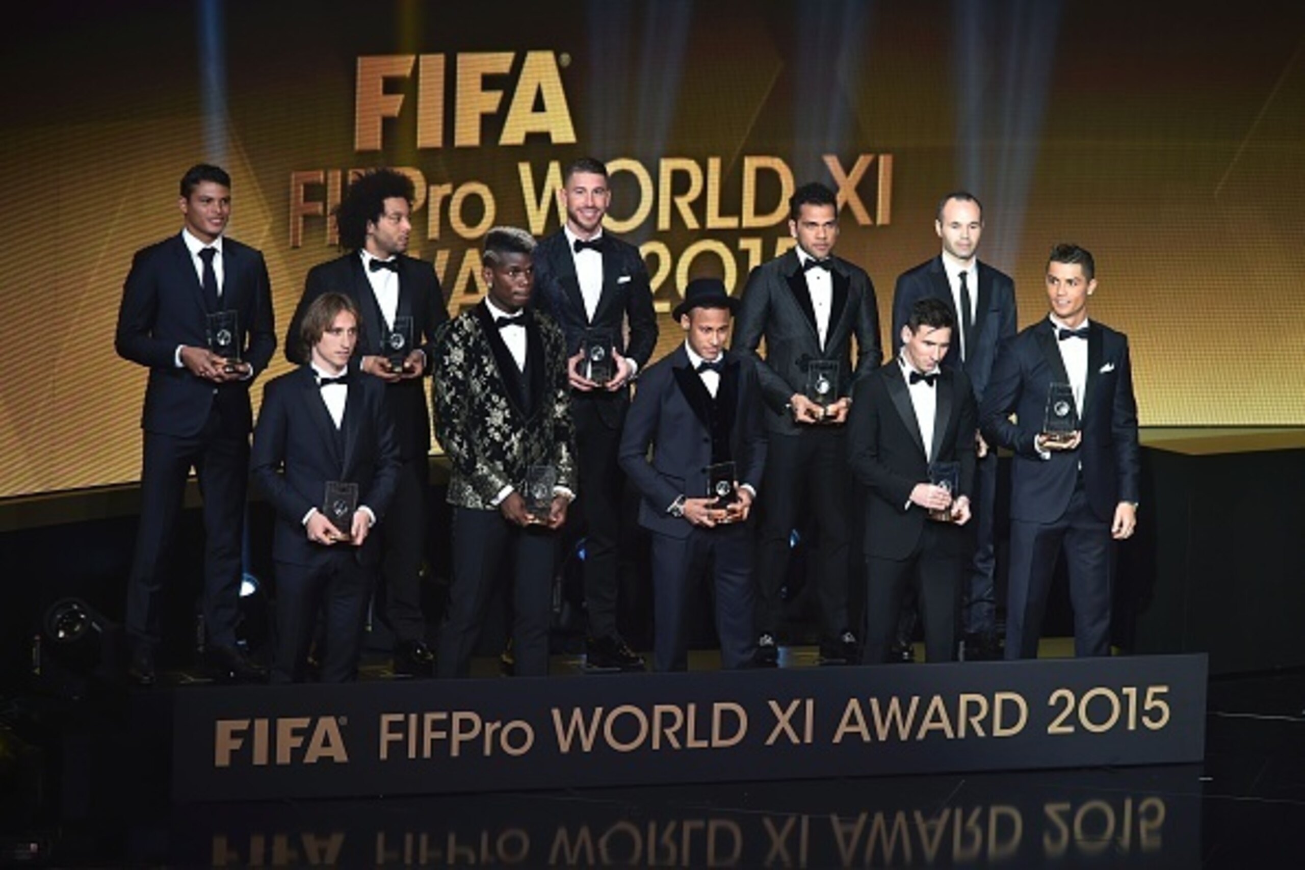 (From L) Brazil and Paris Saint-Germain defender Thiago Silva, Croatia and Real Madrid midfielder Luka Modric, Brazil and Real Madrid defender Marcelo, France and Juventus midfielder Paul Pogba, Spain and Real Madrid defender Sergio Ramos, Brazil and FC B