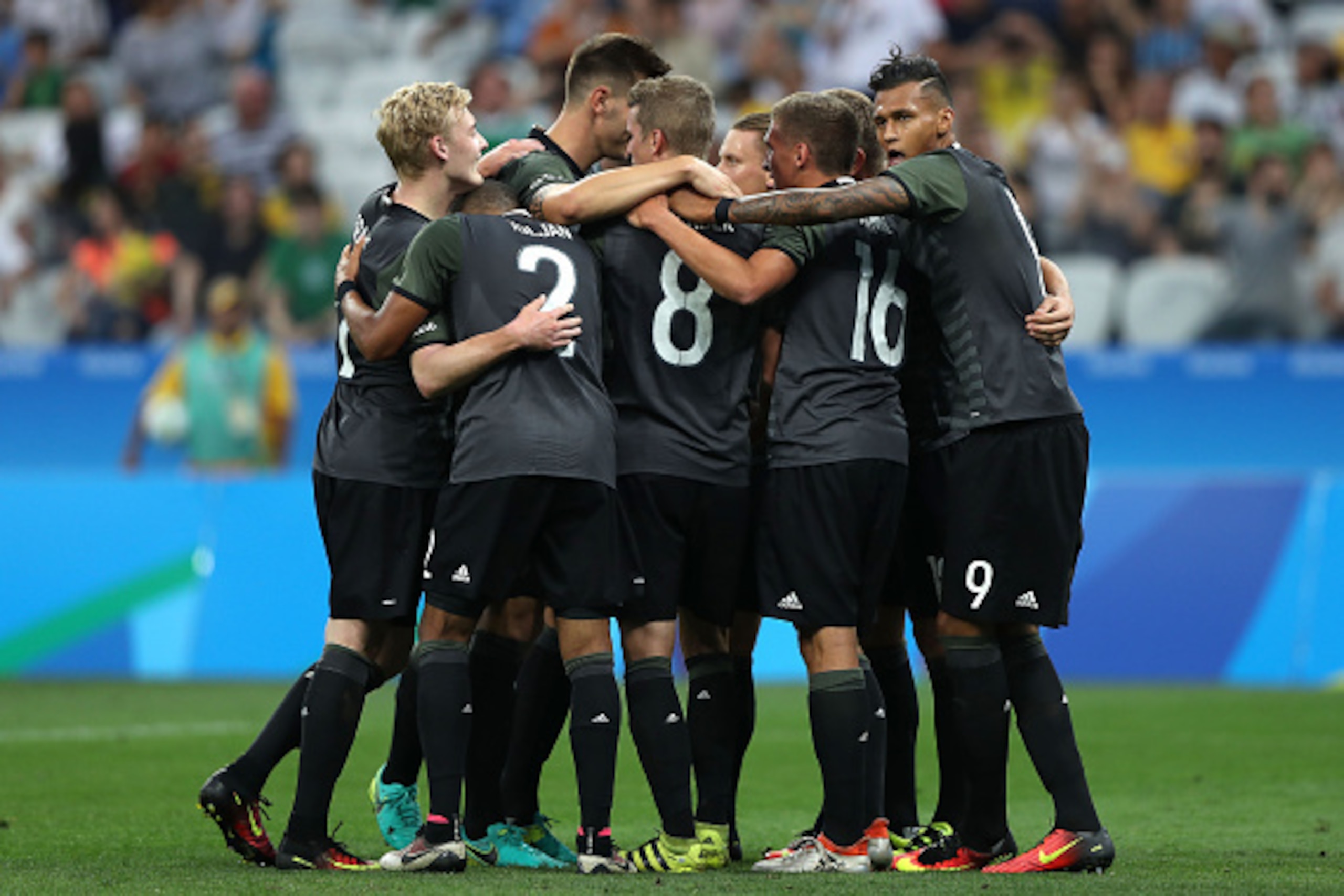 SAO PAULO, BRAZIL - AUGUST 17:  Nils Petersen #18 of Germany celebrates scoring a goal with team mates during the Men's Semifinal Football match between Nigeria and Germany on Day 12 of the Rio 2016 Olympic Games at Arena Corinthians on August 17, 2016 in
